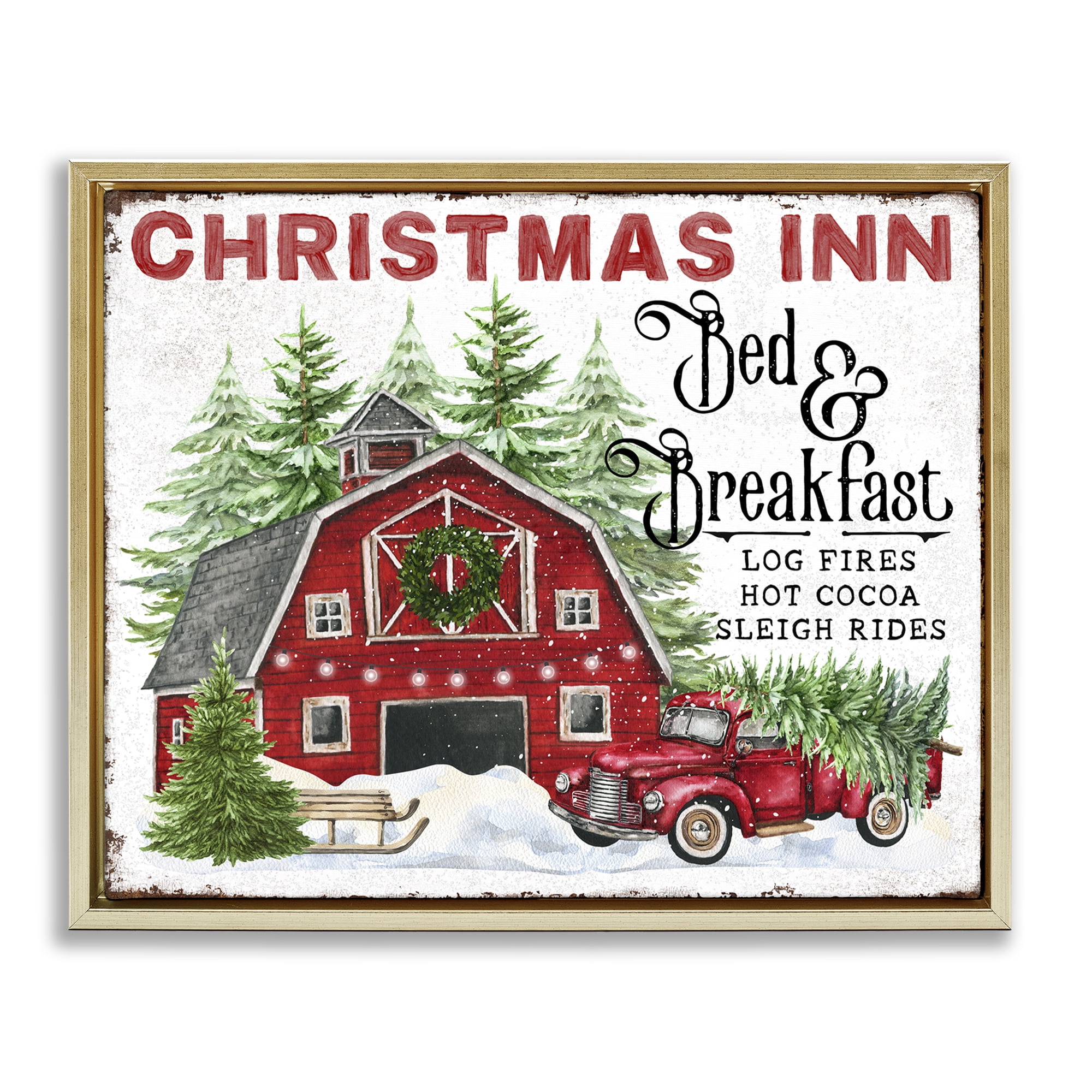 Stupell Industries Christmas Inn Shop Holiday Painting Gold Floater Framed Canvas Art Prints Wall Art, 21 x 17