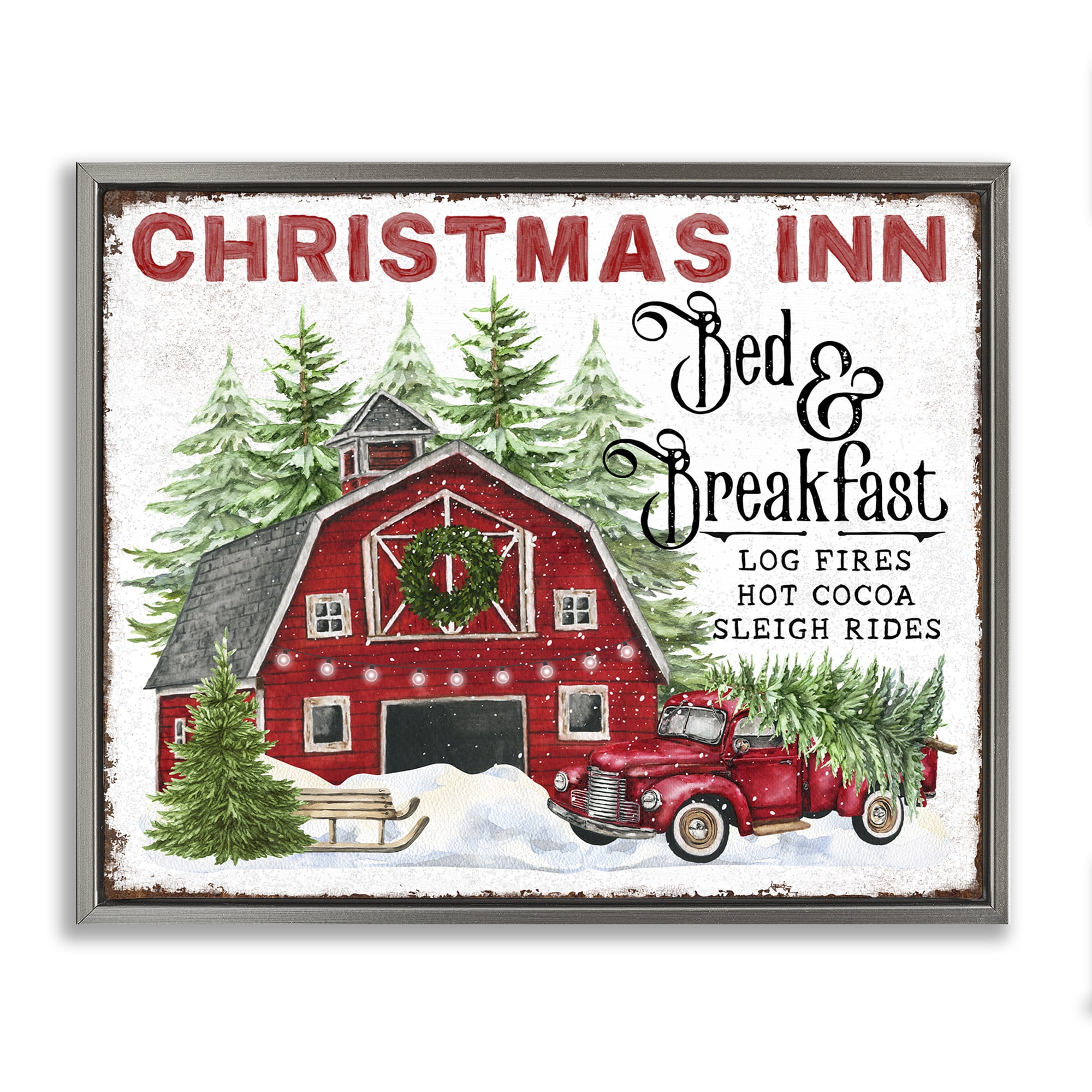 Stupell Industries Christmas Inn Shop Holiday Painting Gray Floater Framed Canvas Art Prints Wall Art, 31 x 25