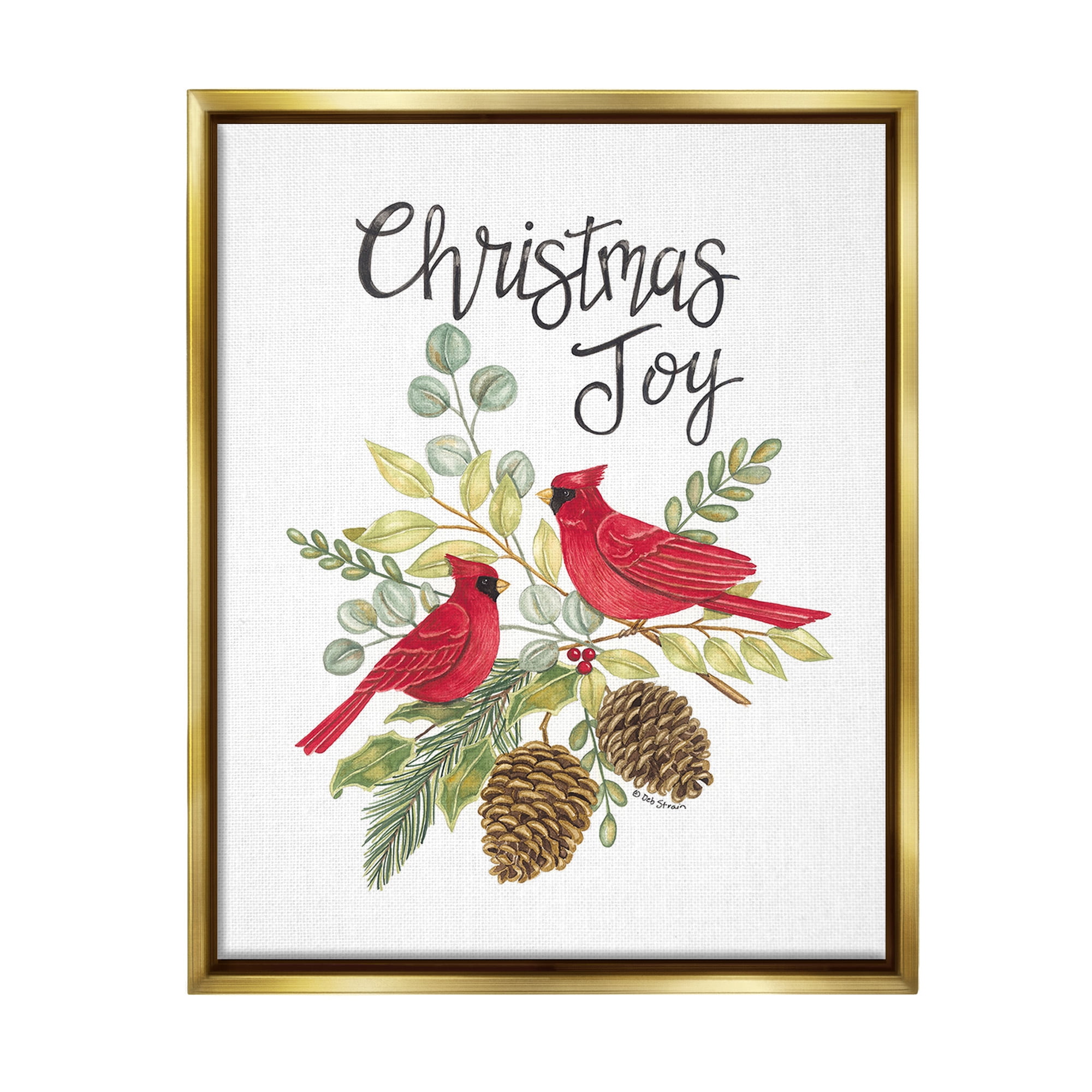 Stupell Industries Christmas Joy Cardinals Holiday Painting Gold Floater Framed Canvas Art Print Wall Art, 25 x 31