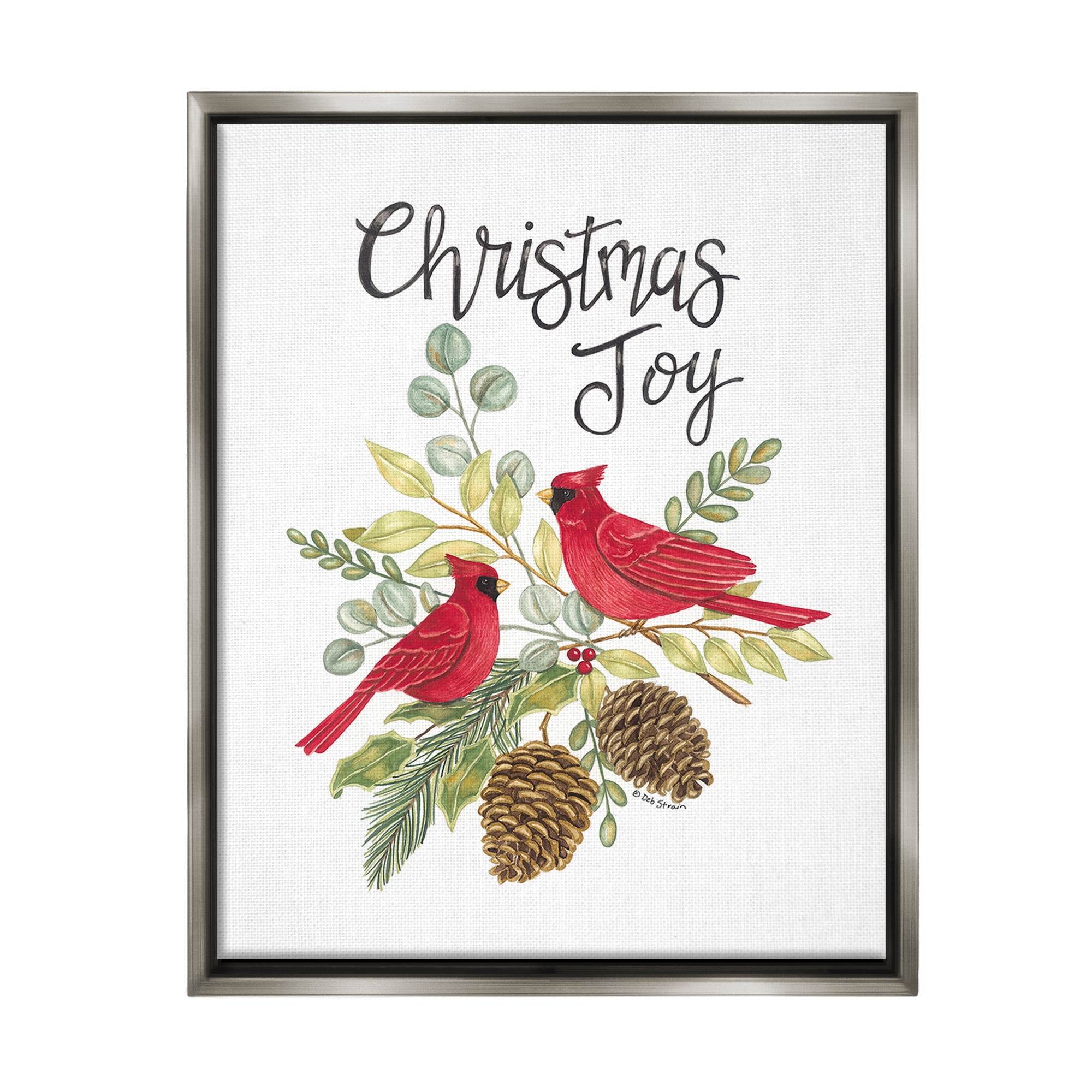 Stupell Industries Christmas Joy Cardinals Holiday Painting Gray Floater Framed Canvas Art Print Wall Art, 17 x 21