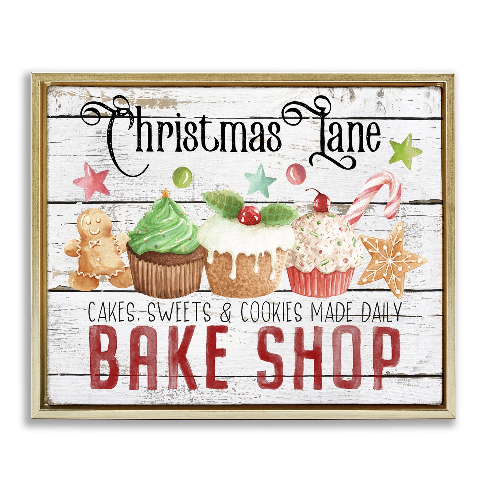 Stupell Industries Christmas Lane Bake Shop Holiday Painting Gold Floater Framed Canvas Art Prints Wall Art, 31 x 25