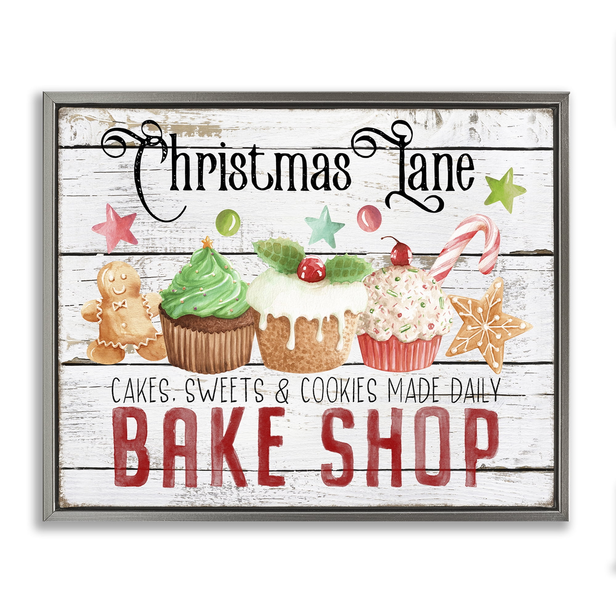 Stupell Industries Christmas Lane Bake Shop Holiday Painting Gray Floater Framed Canvas Art Prints Wall Art, 21 x 17