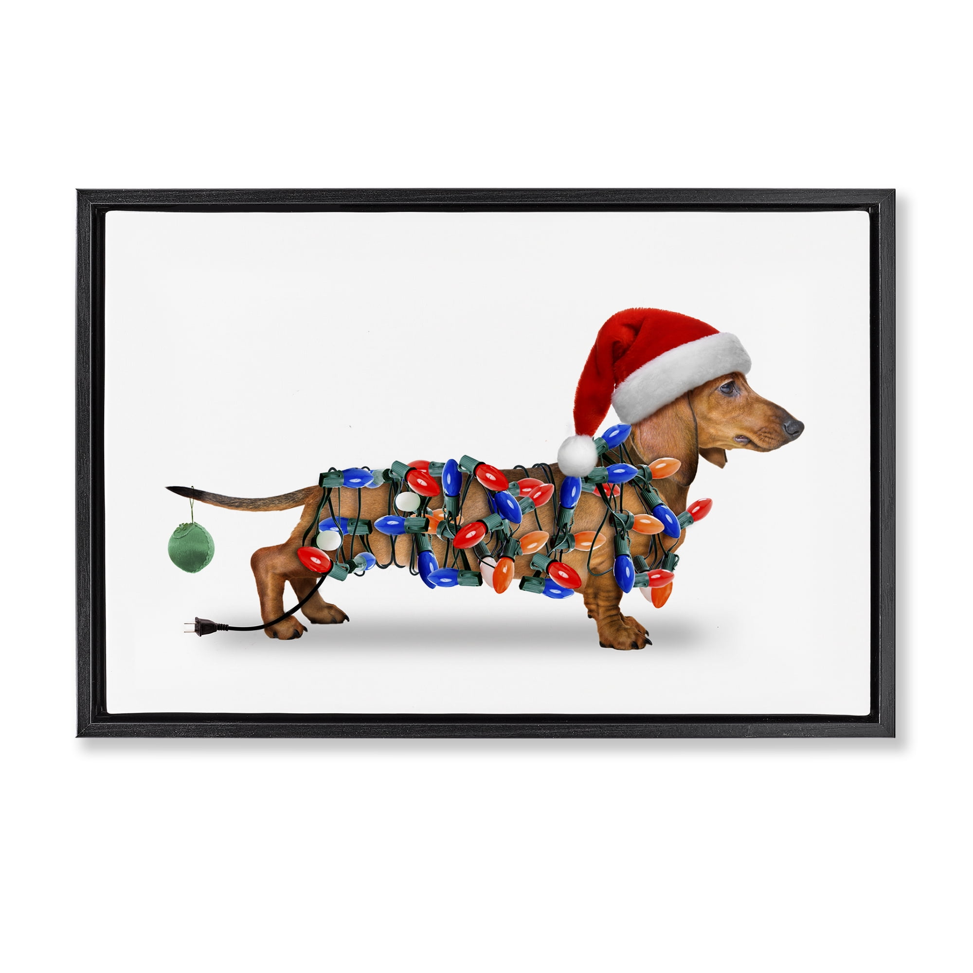Stupell Industries Christmas Lights Wrapped Dog Holiday Painting Black Floater Framed Canvas Art Prints Wall Art, 25 x 17