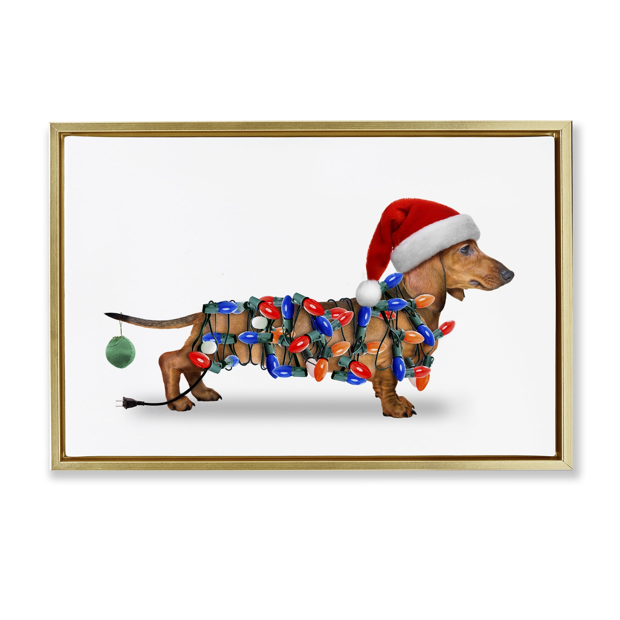Stupell Industries Christmas Lights Wrapped Dog Holiday Painting Gold Floater Framed Canvas Art Prints Wall Art, 25 x 17