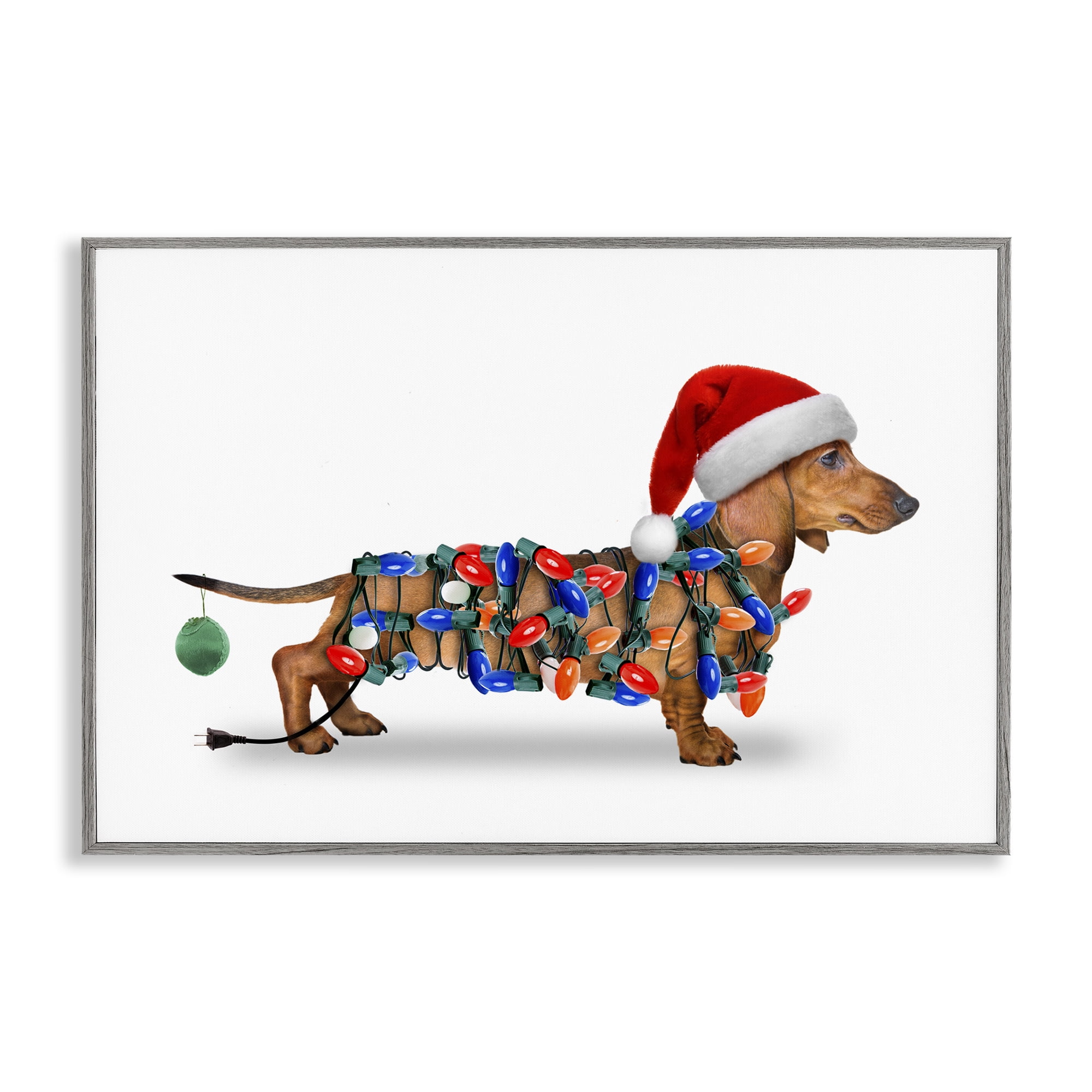 Stupell Industries Christmas Lights Wrapped Dog Holiday Painting Gray Framed Art Prints Wall Art, 24 x 16
