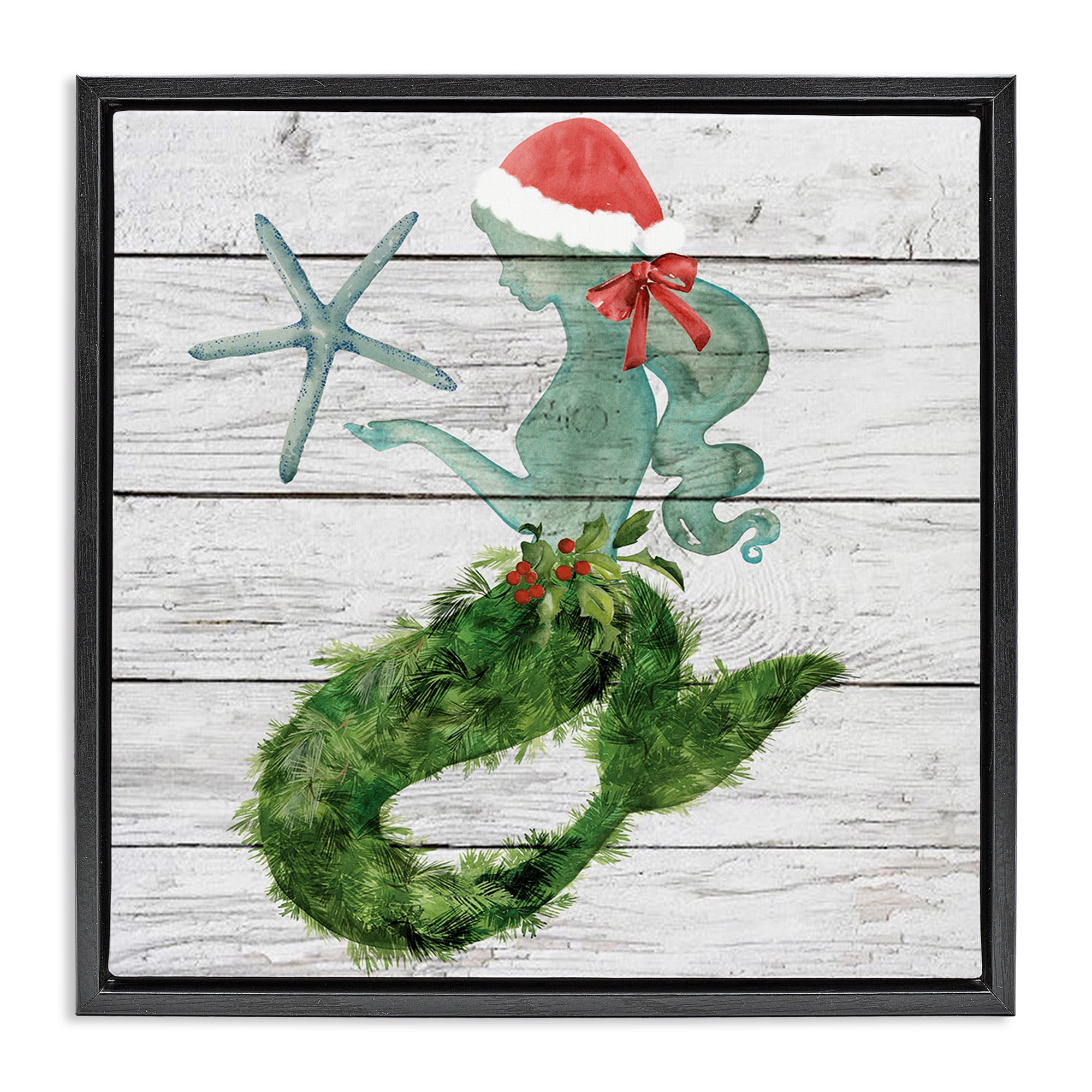 Stupell Industries Christmas Mermaid & Winter Holly Nature Painting Black Floater Framed Canvas Art Print Wall Art, 25 x 25