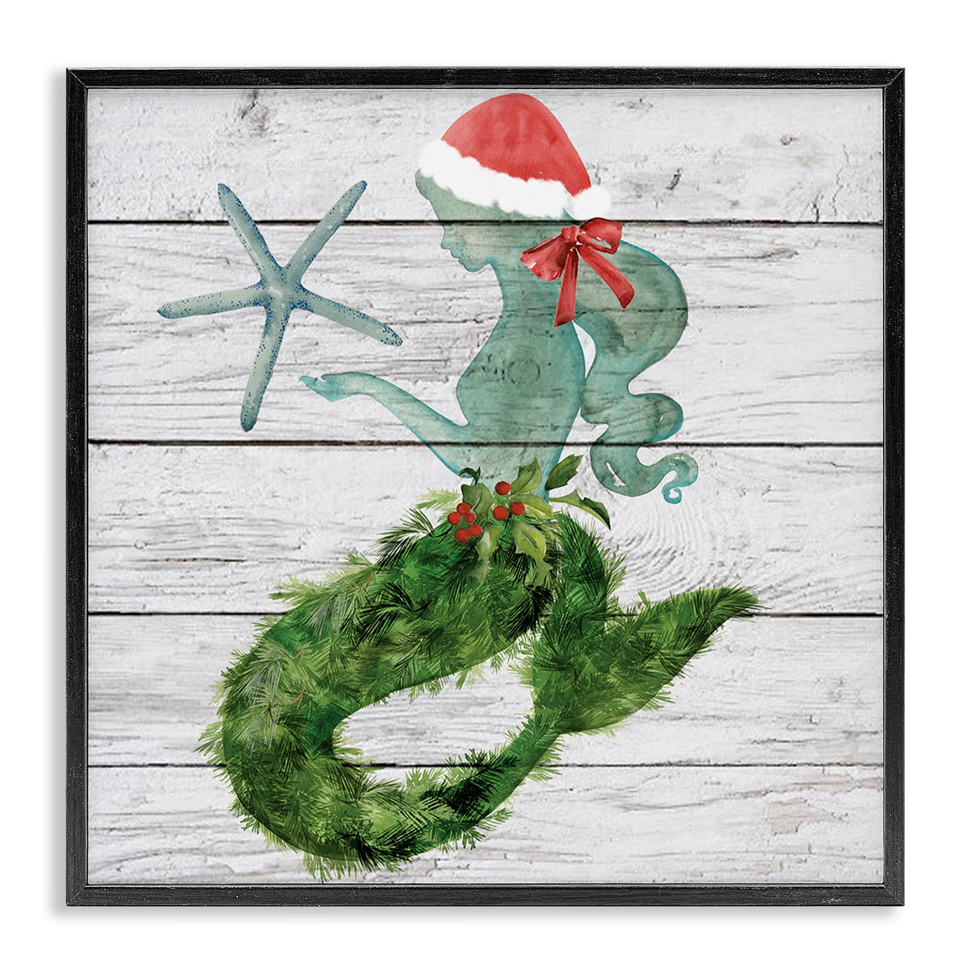 Stupell Industries Christmas Mermaid & Winter Holly Nature Painting Black Framed Art Print Wall Art, 24 x 24