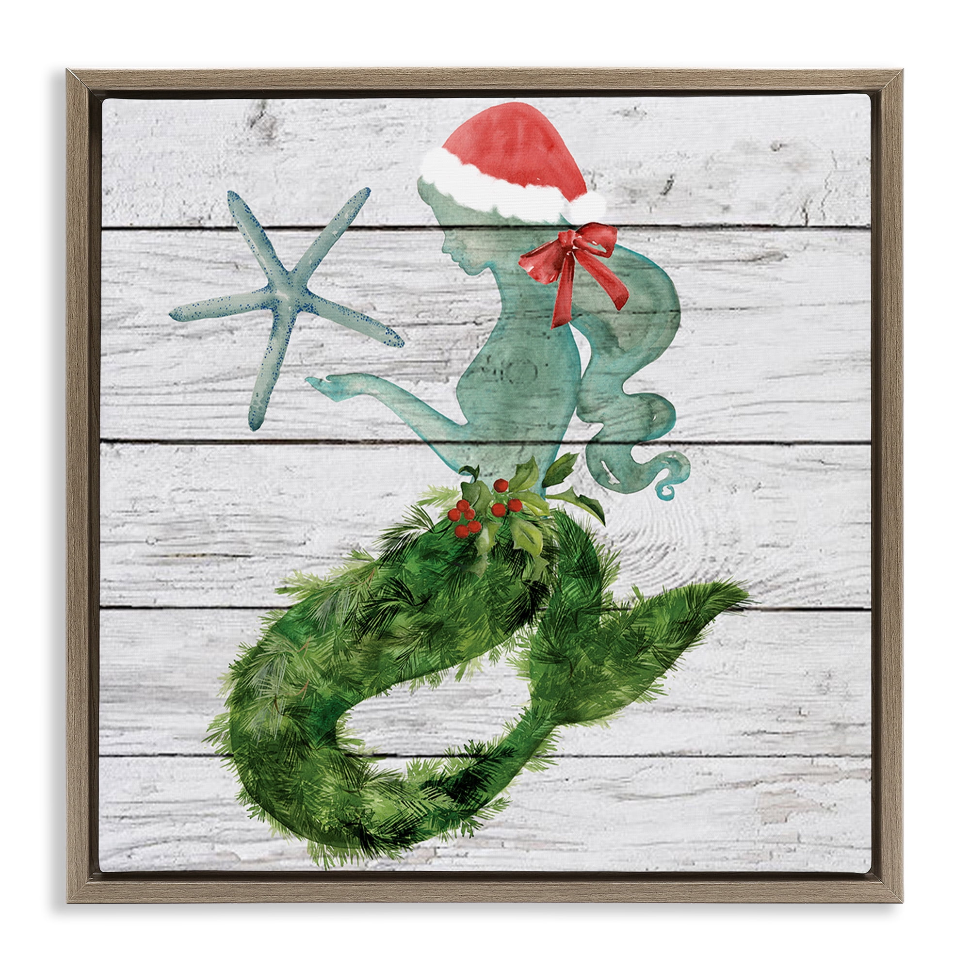 Stupell Industries Christmas Mermaid & Winter Holly Nature Painting Brown Floater Framed Canvas Art Print Wall Art, 18 x 18