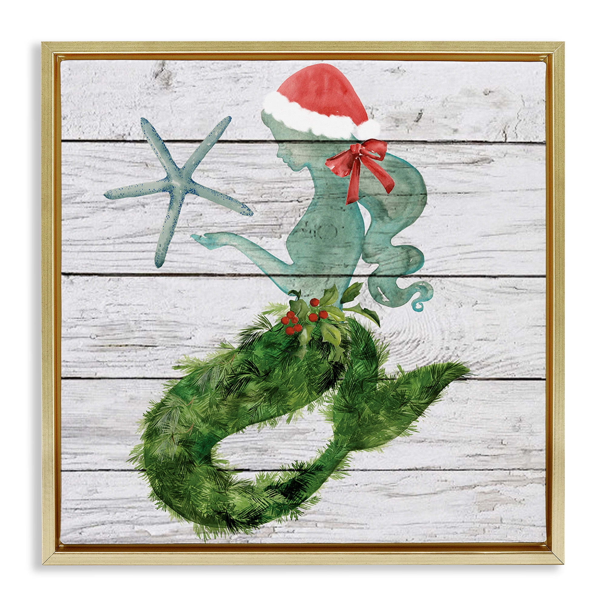 Stupell Industries Christmas Mermaid & Winter Holly Nature Painting Gold Floater Framed Canvas Art Print Wall Art, 25 x 25