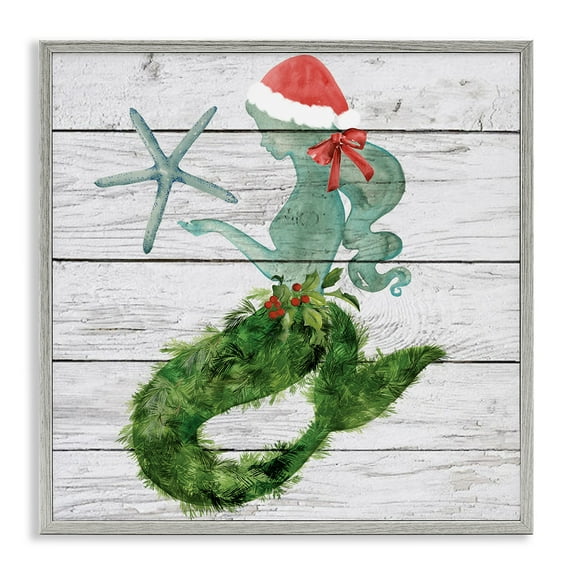 Stupell Industries Christmas Mermaid & Winter Holly Nature Painting Gray Framed Art Print Wall Art, 17 x 17