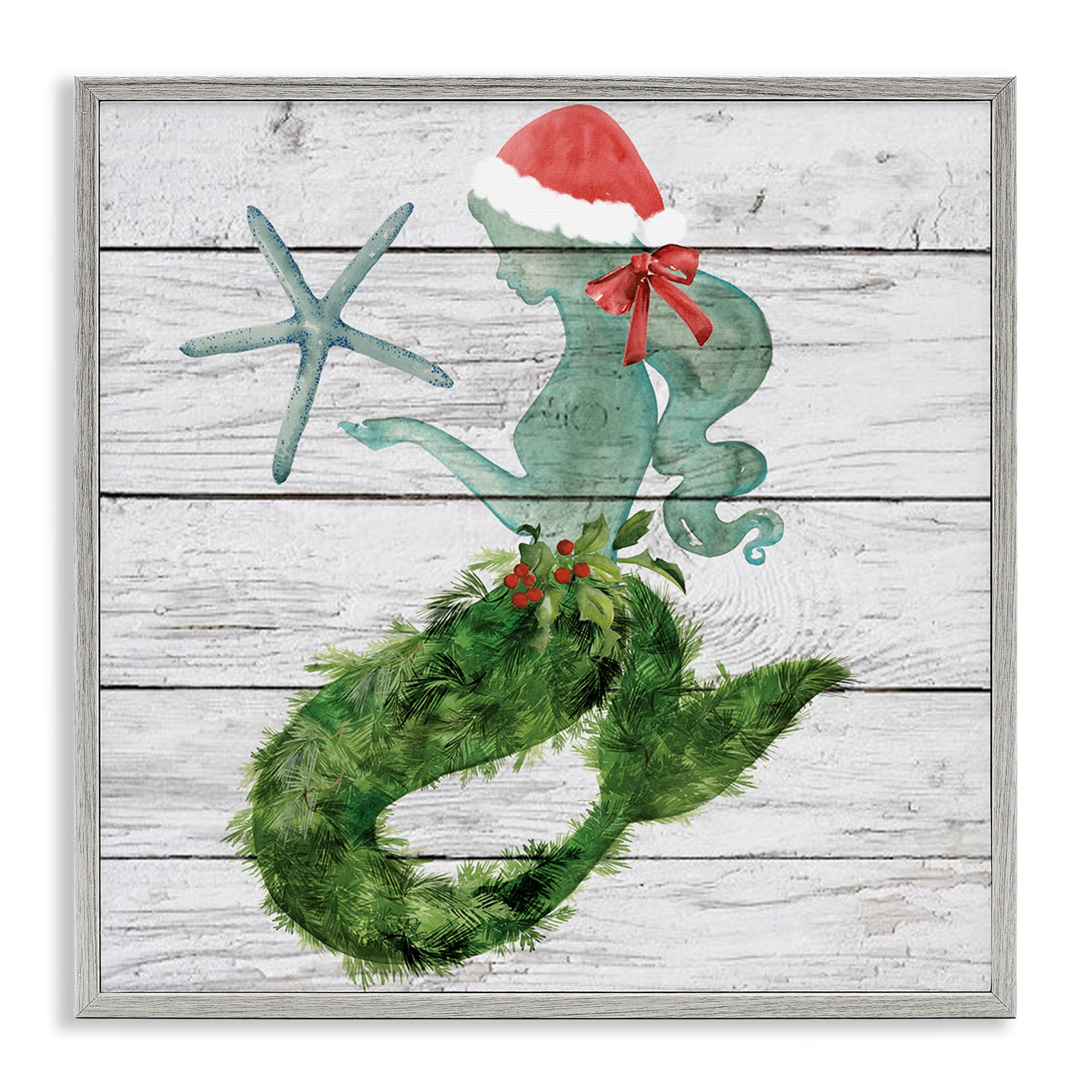 Stupell Industries Christmas Mermaid & Winter Holly Nature Painting Gray Framed Art Print Wall Art, 24 x 24