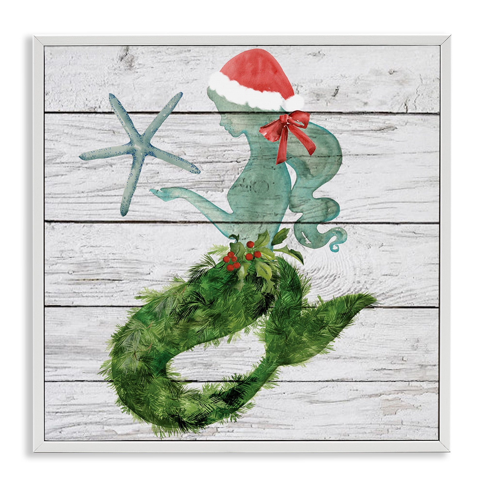 Stupell Industries Christmas Mermaid & Winter Holly Nature Painting White Framed Art Print Wall Art, 24 x 24