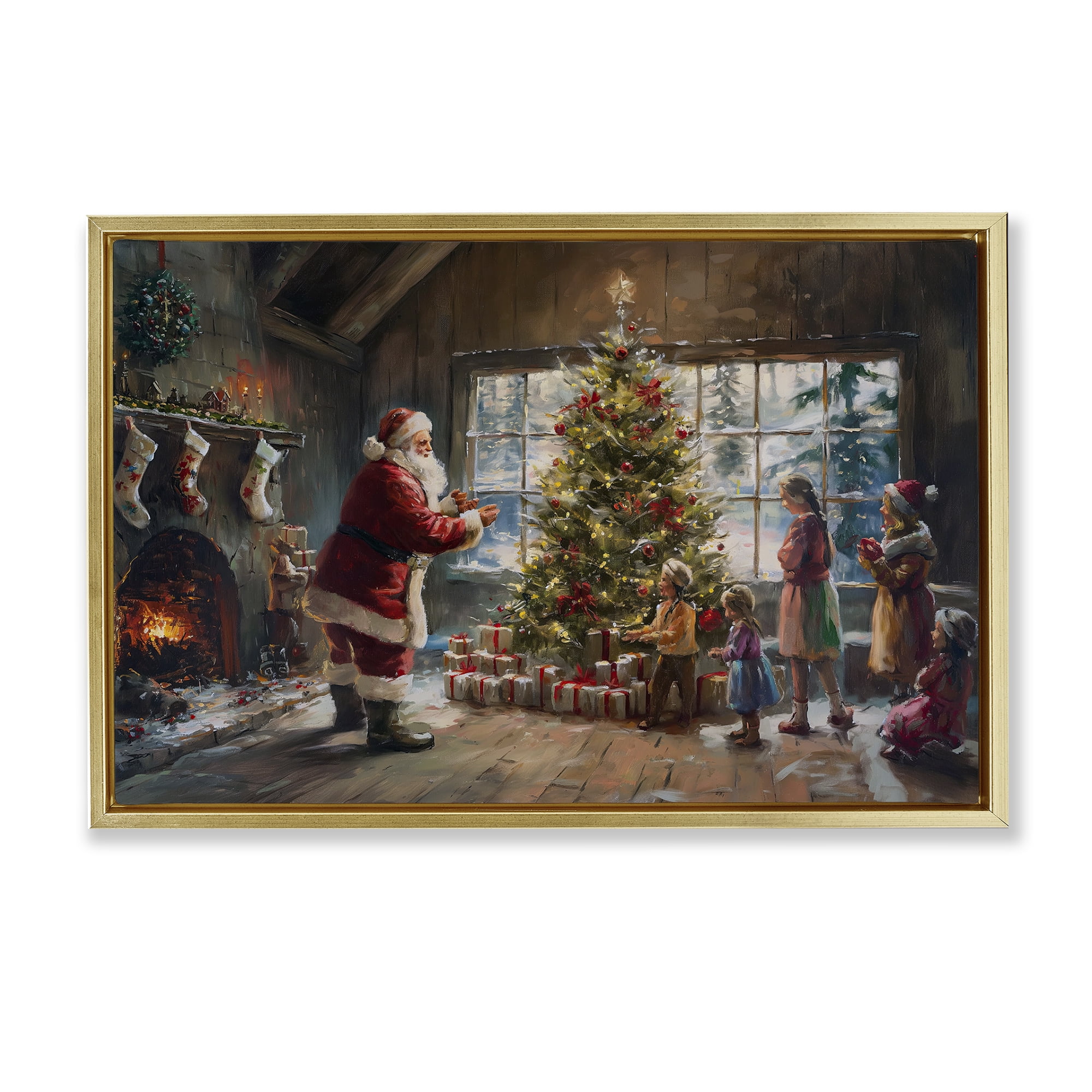 Stupell Industries Christmas Morning Family Holiday Painting Gold Floater Framed Canvas Art Prints Wall Art, 25 x 17