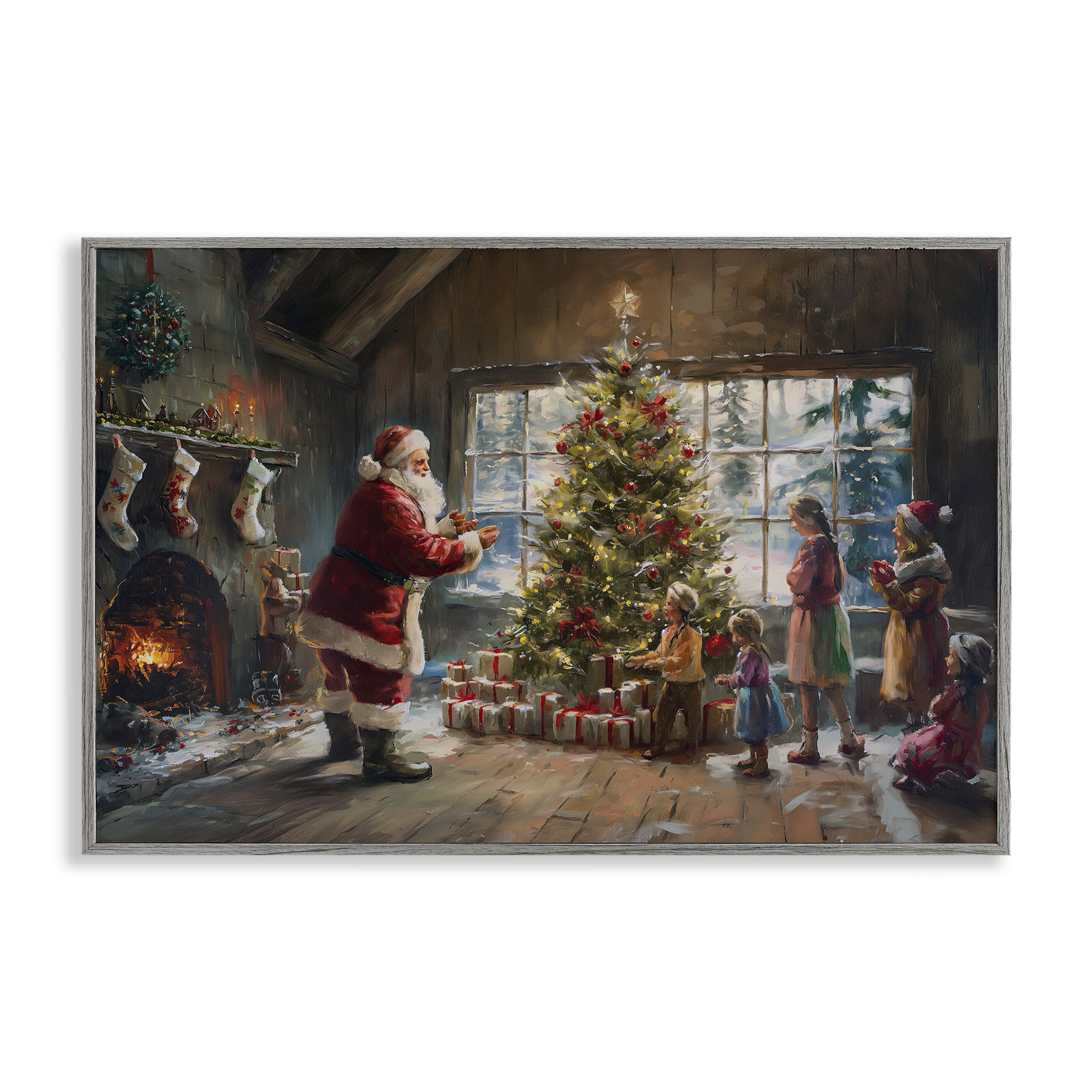 Stupell Industries Christmas Morning Family Holiday Painting Gray Framed Art Prints Wall Art, 18 x 12