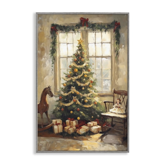 Christmas Morning Window View Gray Framed Giclee Art, 12 x 18, Made In USA