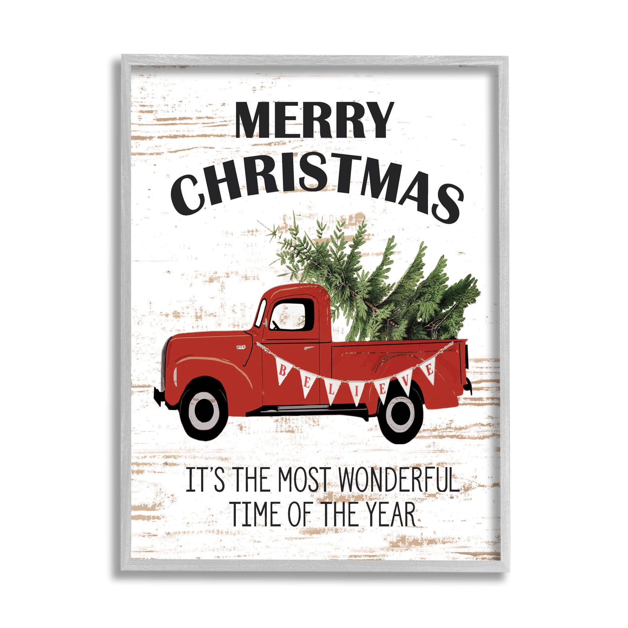 Vintage Red Truck Christmas Wall Art with Gray Frame