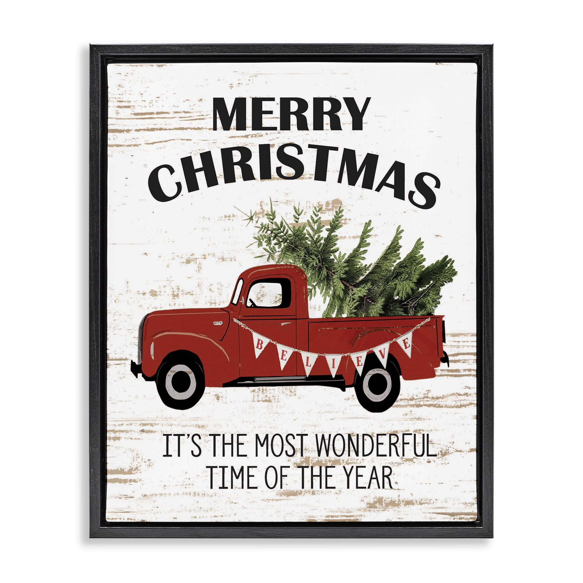 Stupell Industries Christmas Most Wonderful Time Vintage Truck Holiday Painting Black Floater Framed Canvas Art Print Wall Art, 25 x 31