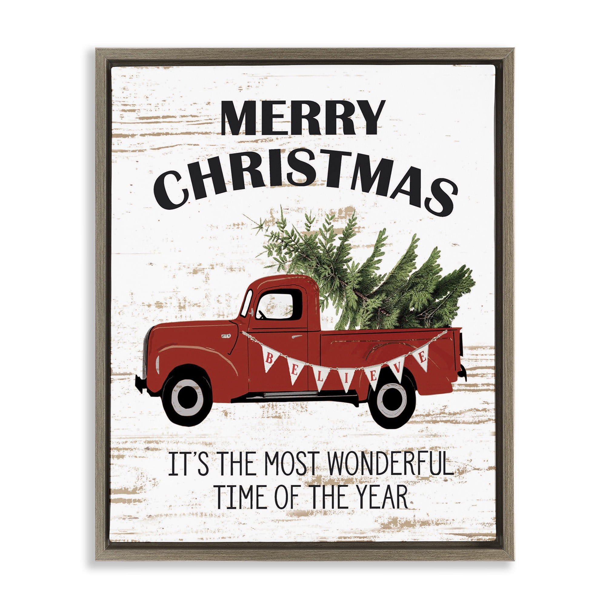 Stupell Industries Christmas Most Wonderful Time Vintage Truck Holiday Painting Brown Floater Framed Canvas Art Print Wall Art, 17 x 21