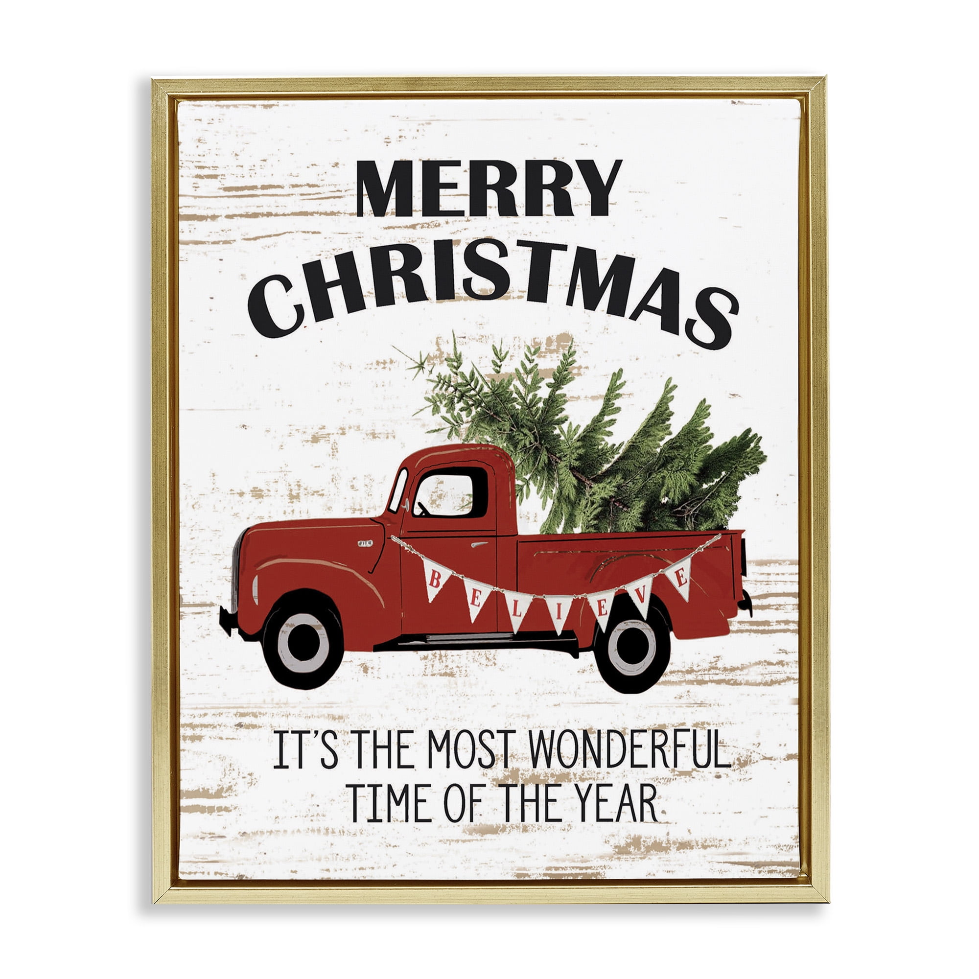 Stupell Industries Christmas Most Wonderful Time Vintage Truck Holiday Painting Gold Floater Framed Canvas Art Print Wall Art, 25 x 31