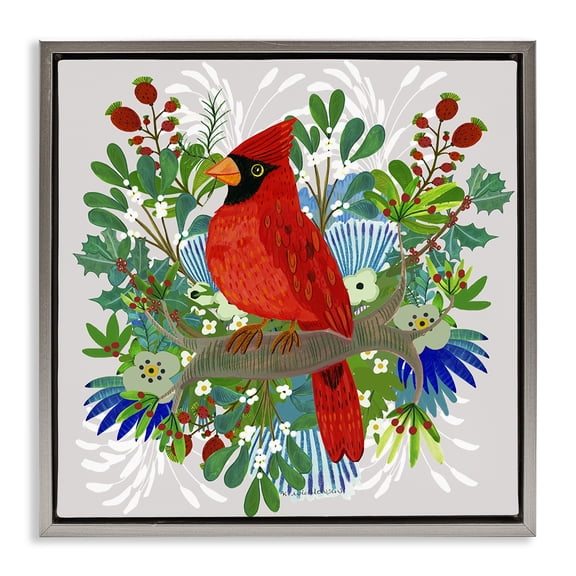 Christmas Nestings Cardinal Gray Floating Frame Canvas Art, 18 x 18, Made In USA