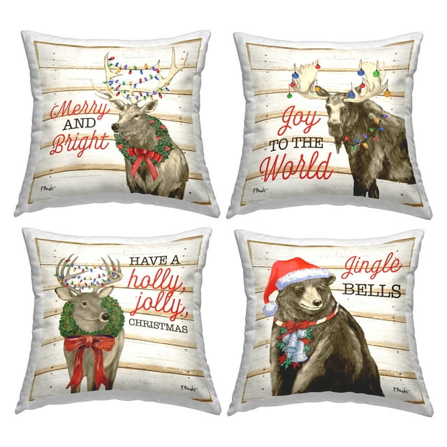 Stupell Industries Christmas Phrases Woodland Animals Square Decorative Printed Throw Pillow, 18 x 18, Set of 4
