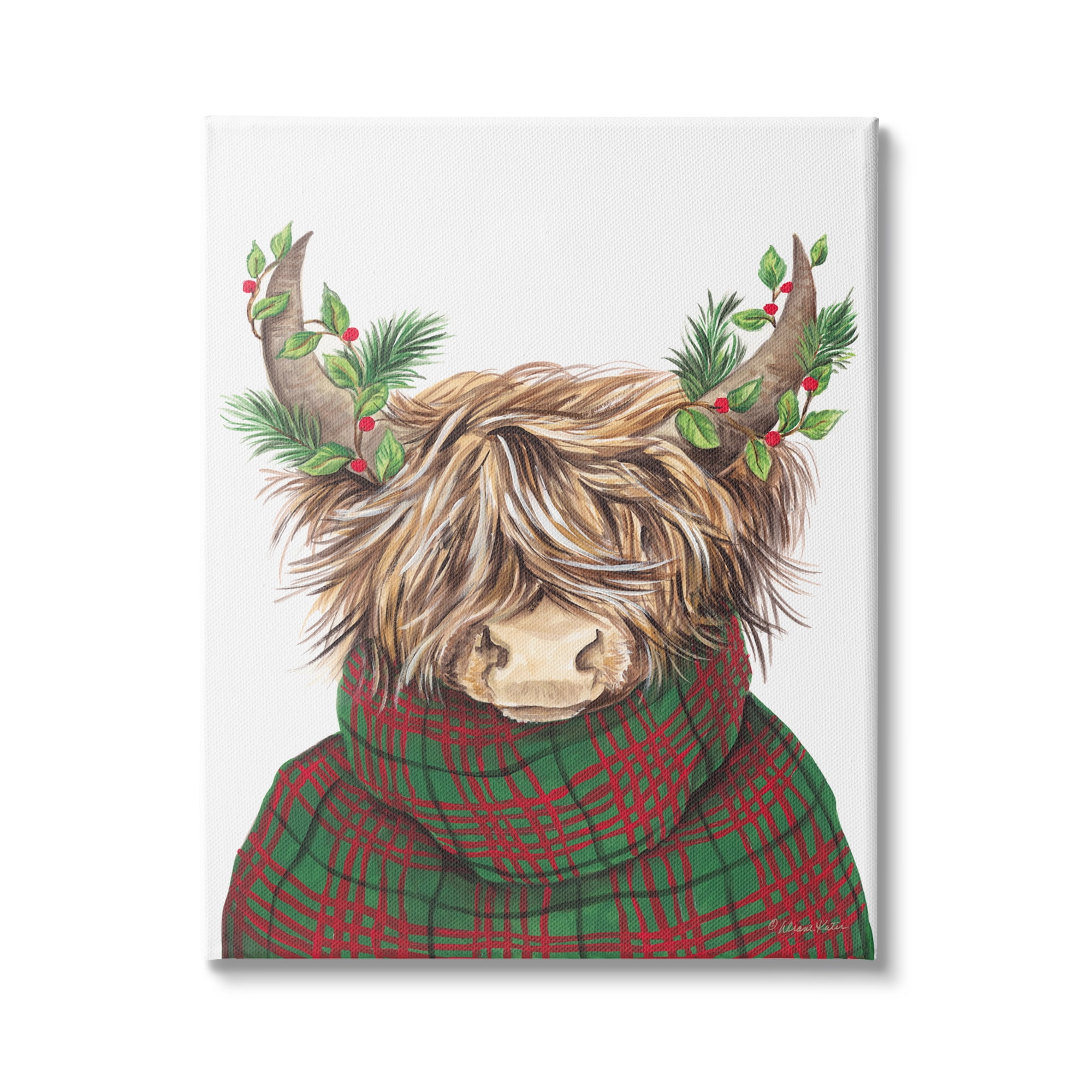Stupell Industries Christmas Plaid Sweater Highland Cattle Festive Long Horns, 16 x 20,Design by Diane Kater