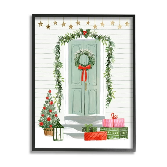 Stupell Industries Christmas Presents Wreath Doorstep Graphic Art Black Framed Art Print Wall Art, Design by Victoria Barnes