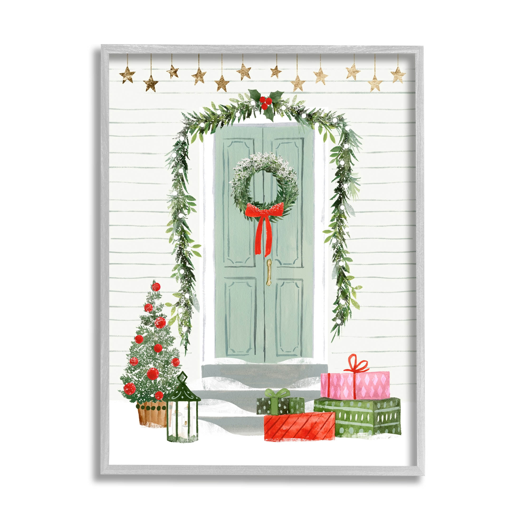 Stupell Industries Christmas Presents Wreath Doorstep Graphic Art Gray Framed Art Print Wall Art, Design by Victoria Barnes