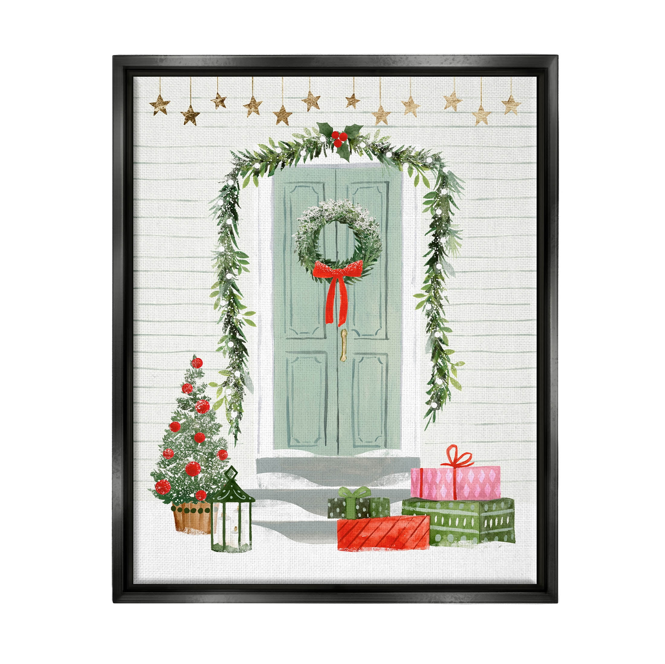 Stupell Industries Christmas Presents Wreath Doorstep Graphic Art Jet Black Floating Framed Canvas Print Wall Art, Design by Victoria Barnes
