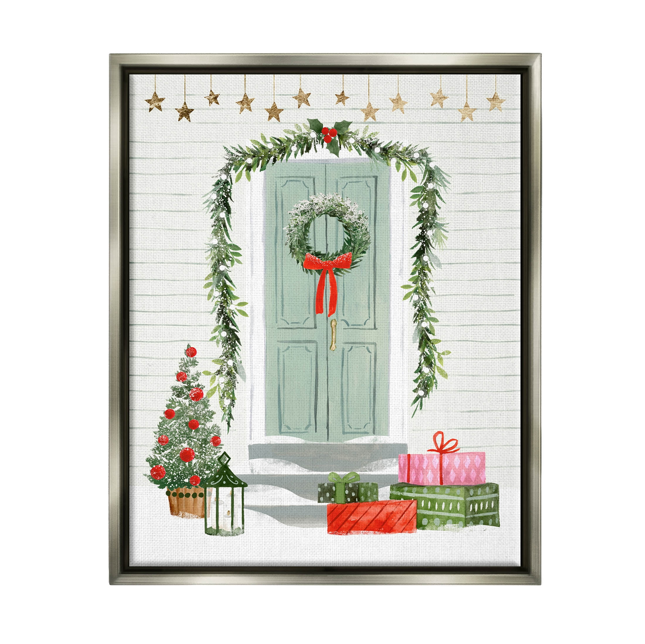 Stupell Industries Christmas Presents Wreath Doorstep Graphic Art Luster Gray Floating Framed Canvas Print Wall Art, Design by Victoria Barnes