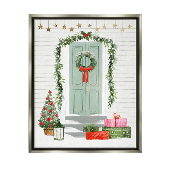 Stupell Industries Christmas Presents Wreath Doorstep Graphic Art Luster Gray Floating Framed Canvas Print Wall Art, Design by Victoria Barnes