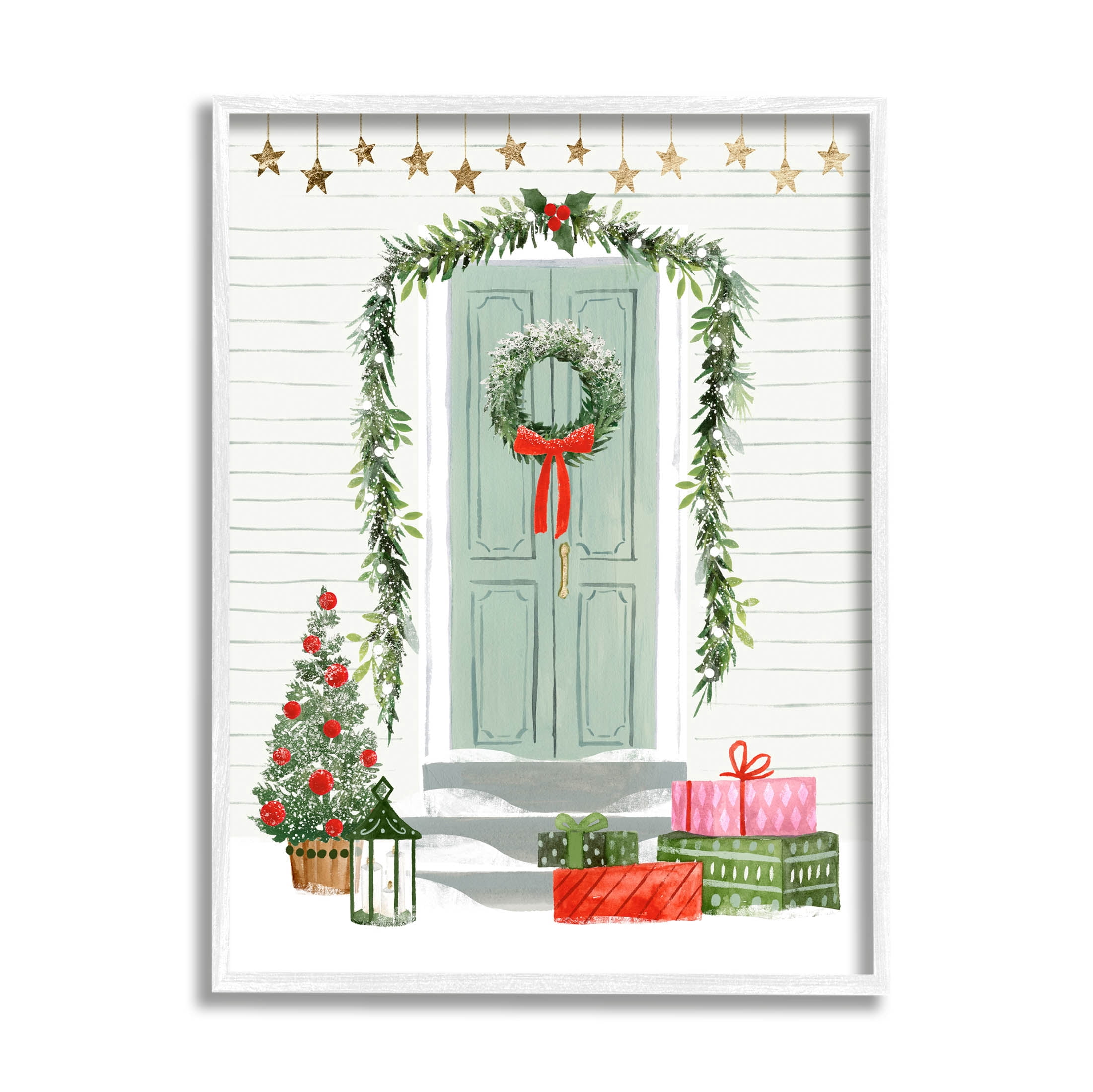 Stupell Industries Christmas Presents Wreath Doorstep Graphic Art White Framed Art Print Wall Art, Design by Victoria Barnes