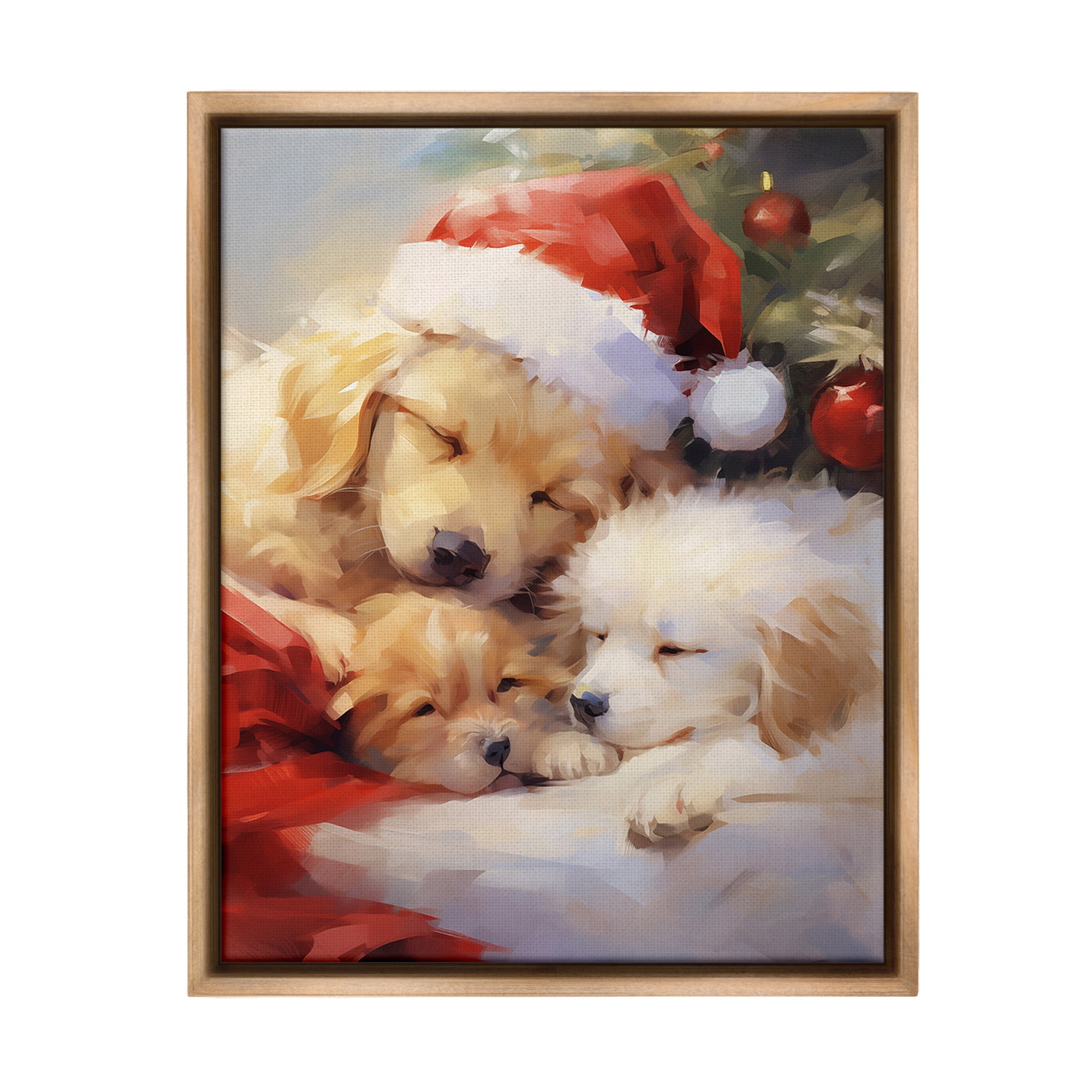 Stupell Industries Christmas Puppies by Tree Holiday Painting Brown Floater Framed Canvas Art Print Wall Art, 17 x 21