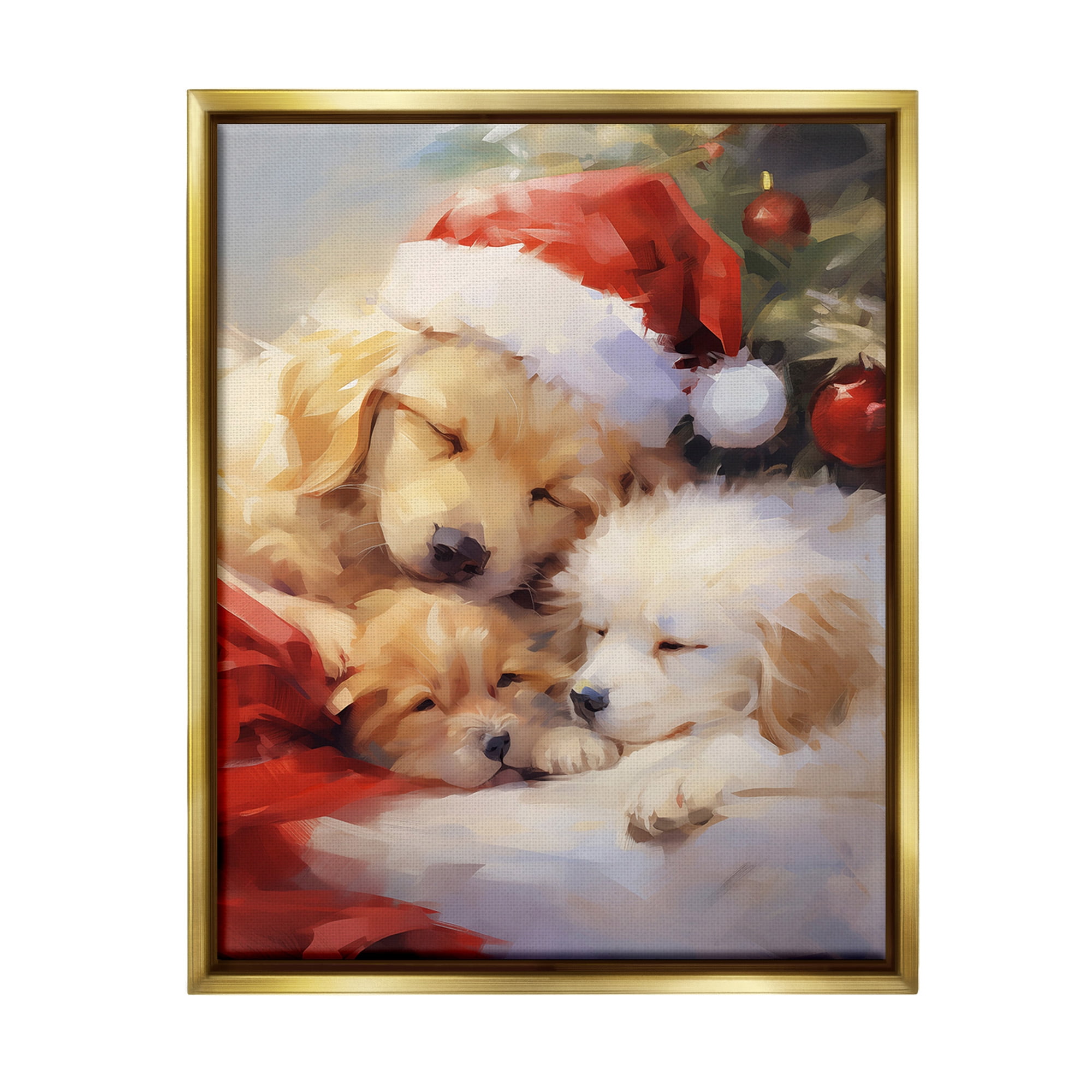 Stupell Industries Christmas Puppies by Tree Holiday Painting Gold Floater Framed Canvas Art Print Wall Art, 17 x 21