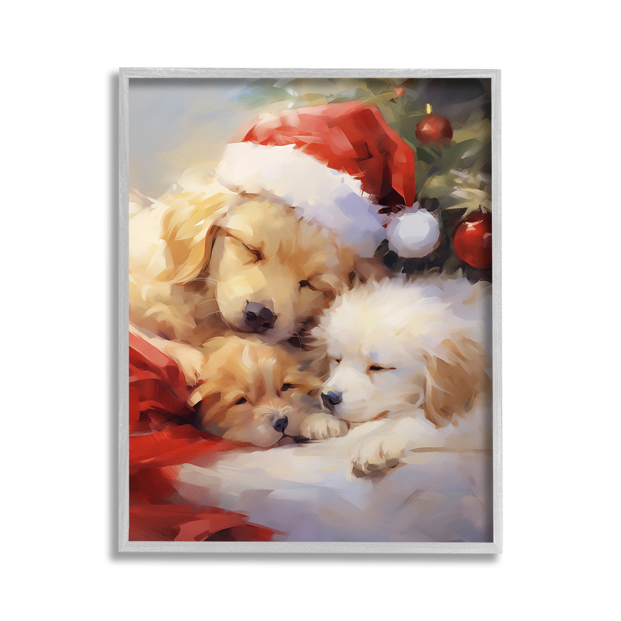 Stupell Industries Christmas Puppies by Tree Holiday Painting Gray Framed Art Print Wall Art, 11 x 14