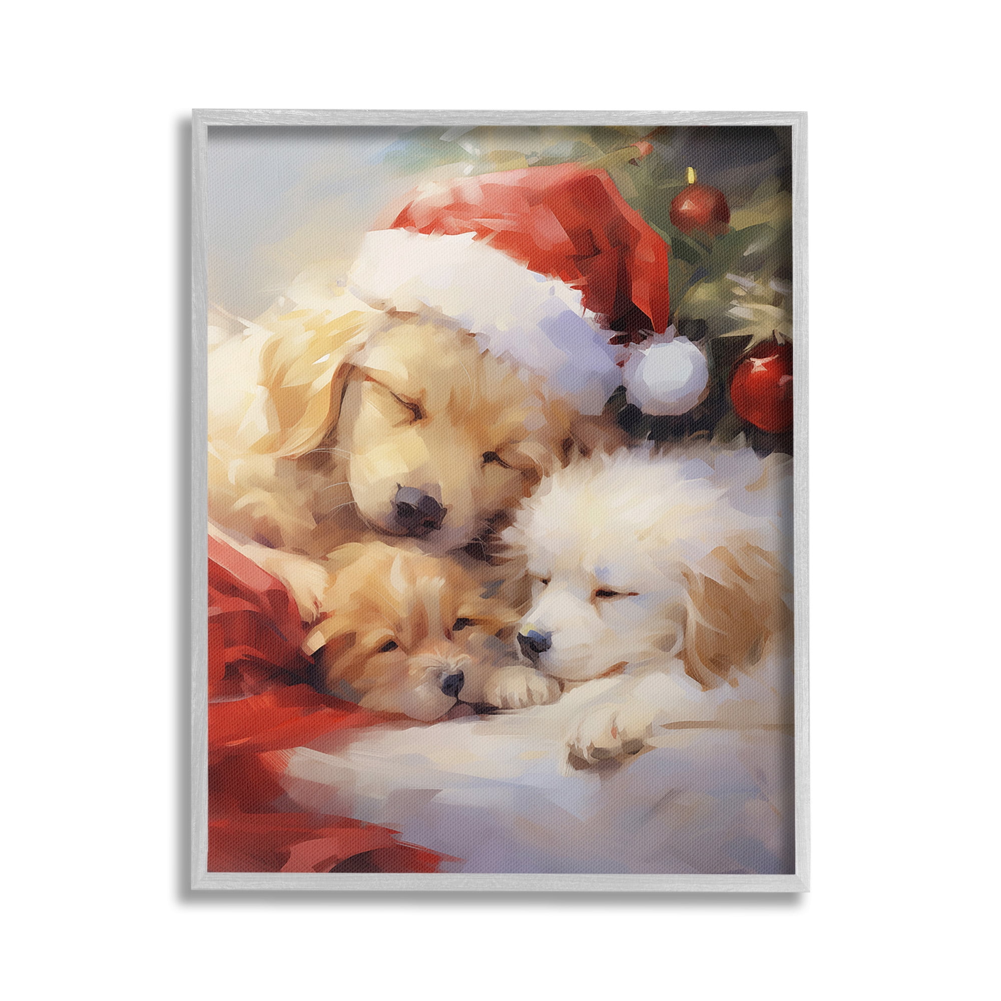 Stupell Industries Christmas Puppies by Tree Holiday Painting Gray Framed Art Print Wall Art, 16 x 20