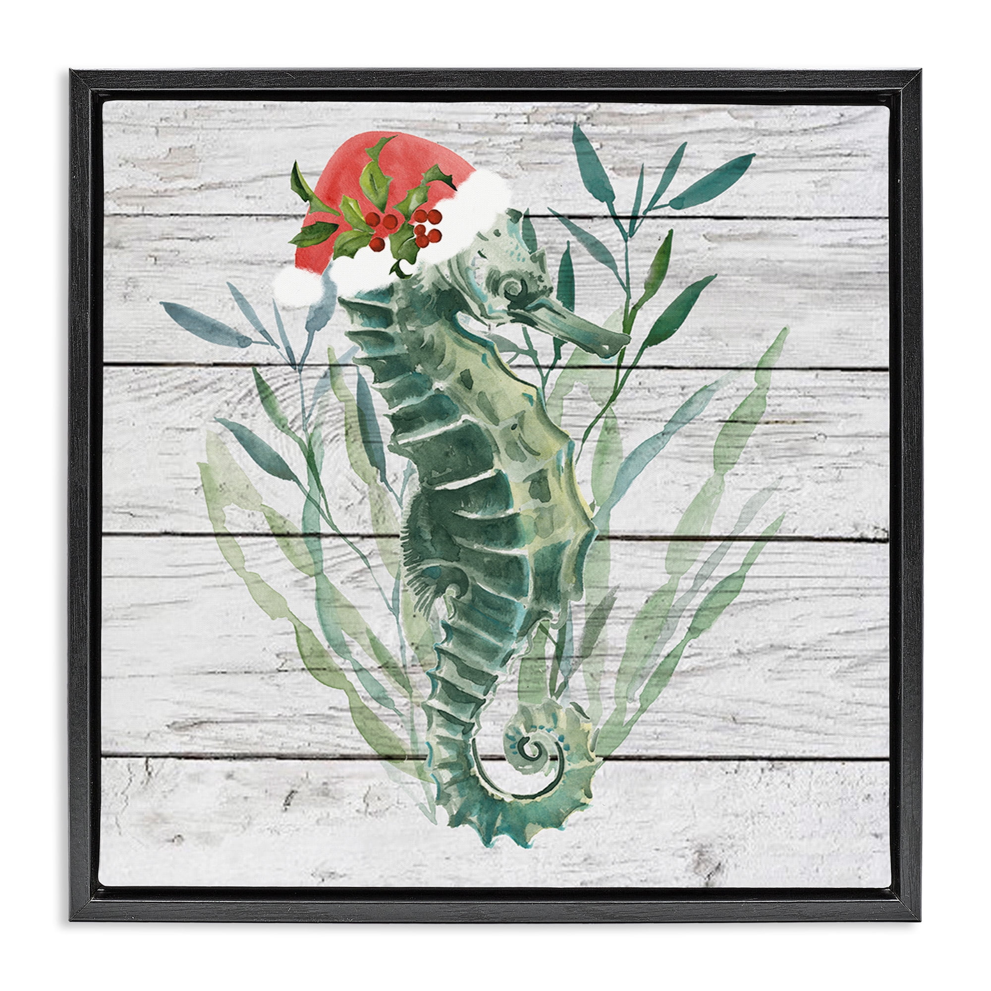 Stupell Industries Christmas Seahorse with Santa Hat Nature Painting Black Floater Framed Canvas Art Print Wall Art, 18 x 18