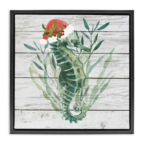Stupell Industries Christmas Seahorse with Santa Hat Nature Painting Black Floater Framed Canvas Art Print Wall Art, 18 x 18