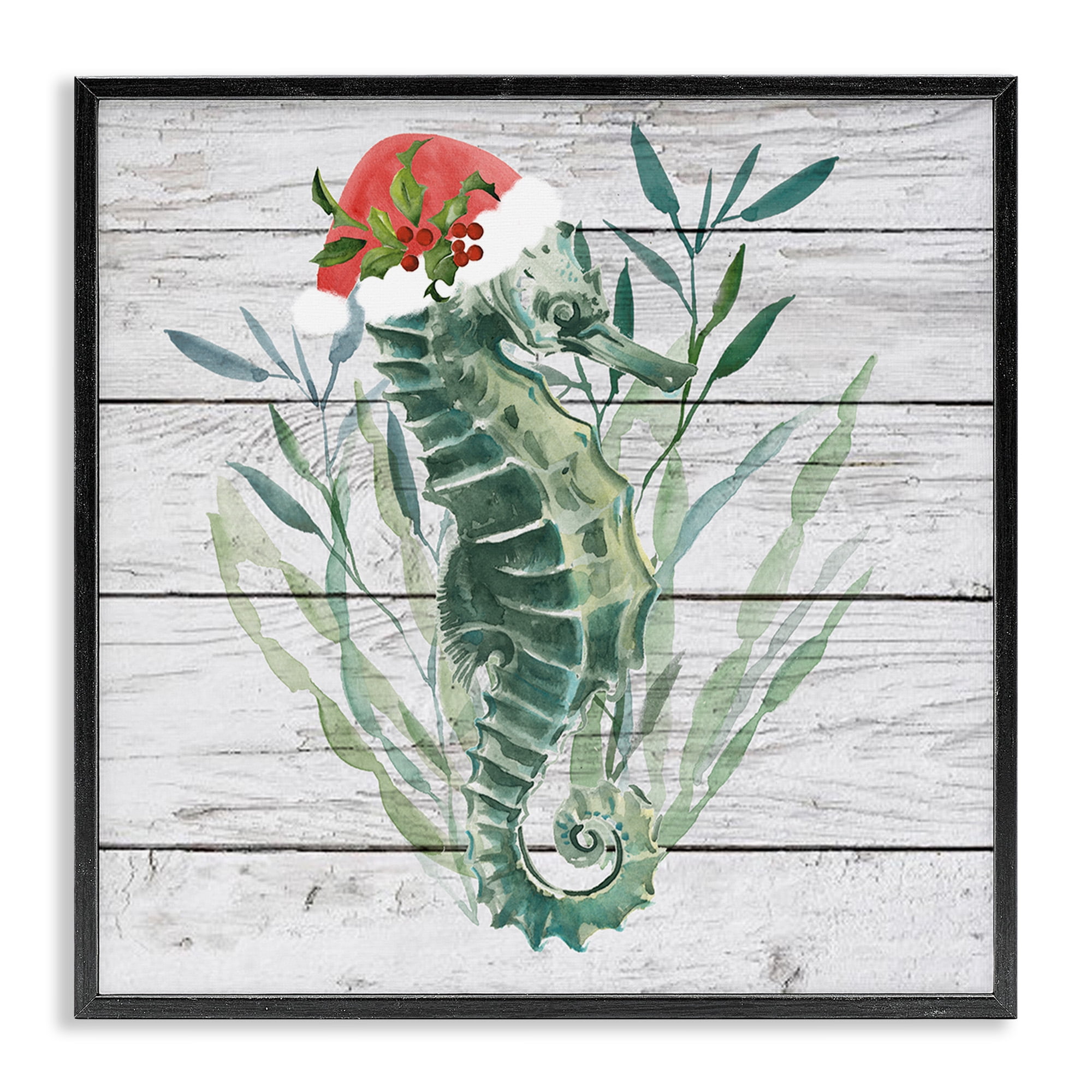Stupell Industries Christmas Seahorse with Santa Hat Nature Painting Black Framed Art Print Wall Art, 24 x 24