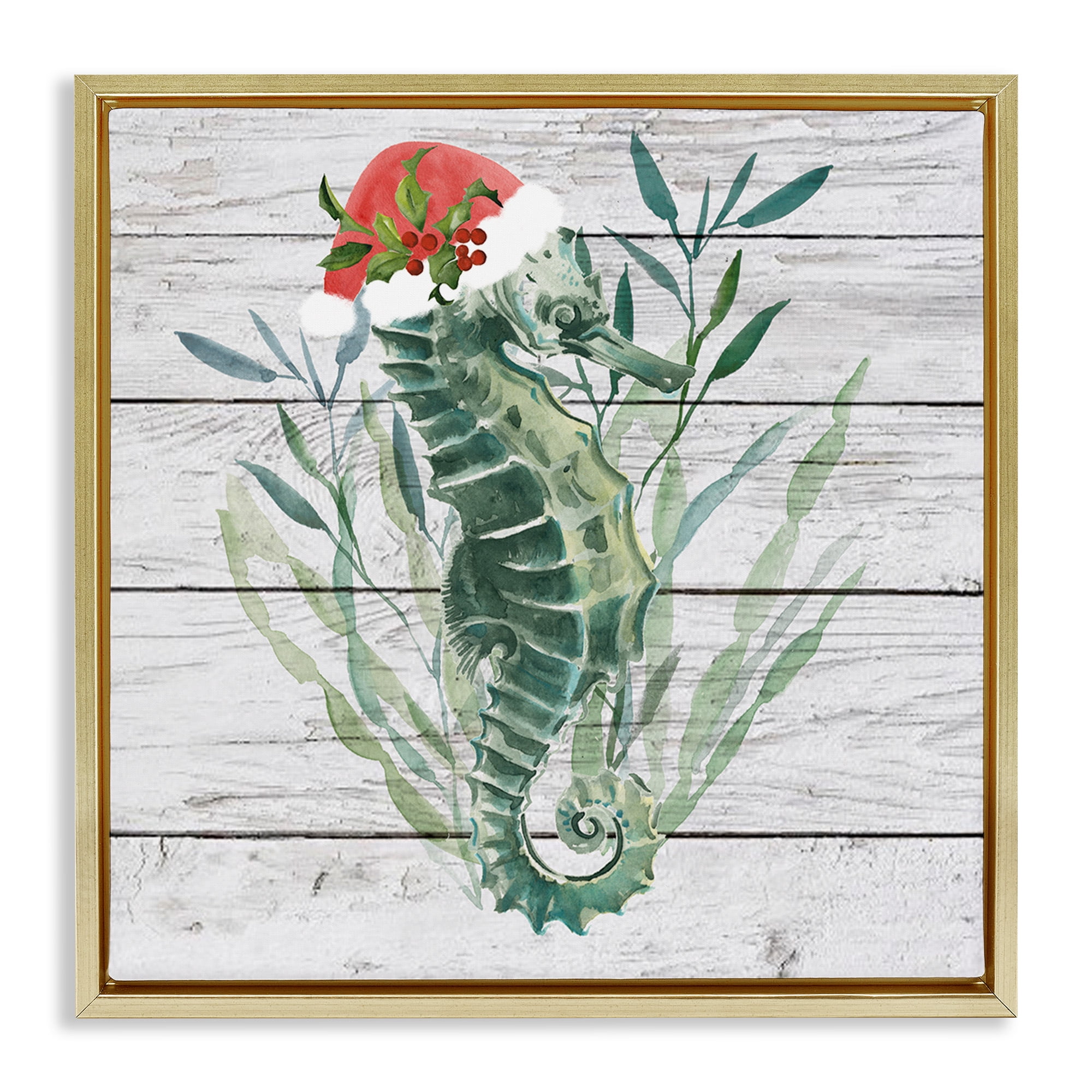 Stupell Industries Christmas Seahorse with Santa Hat Nature Painting Gold Floater Framed Canvas Art Print Wall Art, 25 x 25