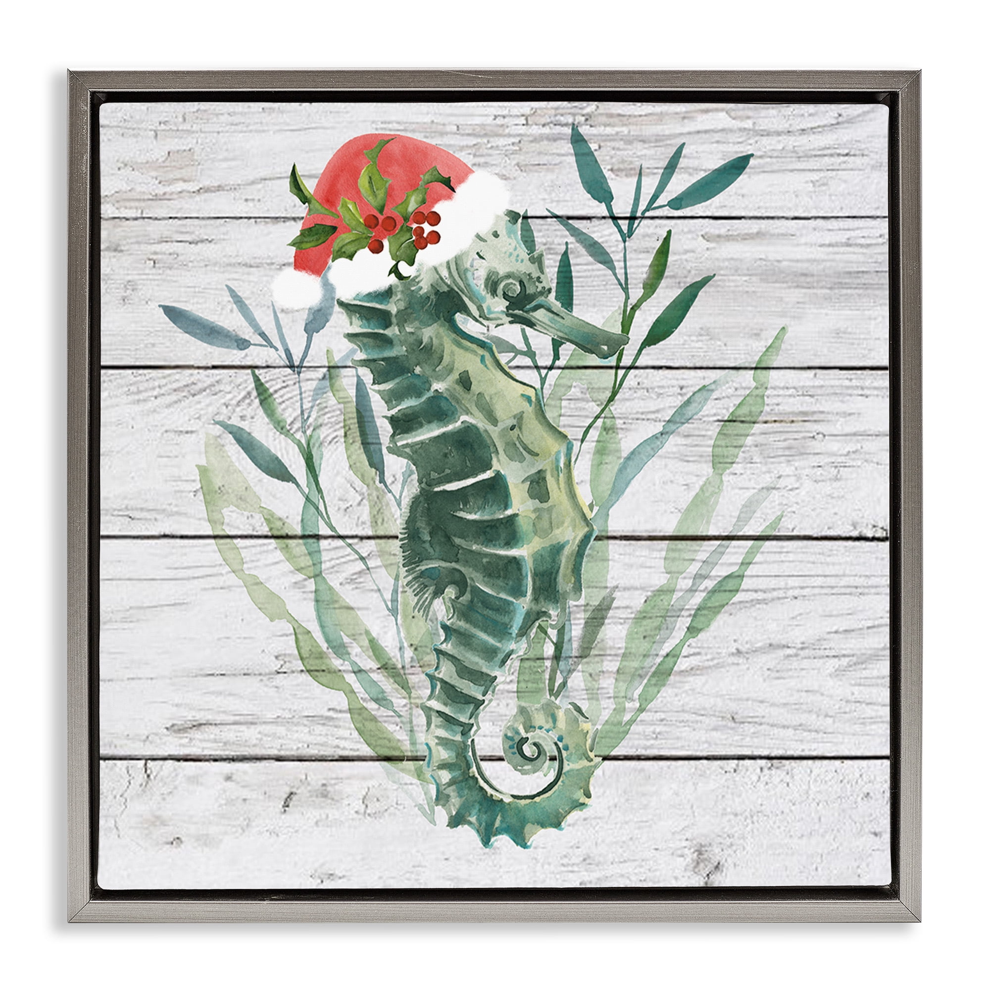 Stupell Industries Christmas Seahorse with Santa Hat Nature Painting Gray Floater Framed Canvas Art Print Wall Art, 18 x 18