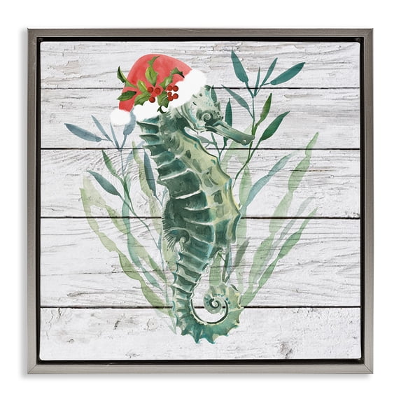 Stupell Industries Coastal Christmas Seahorse with Santa Hat Gray Floating Frame Canvas Art, 25 x 25, by Jennifer Paxton Parker
