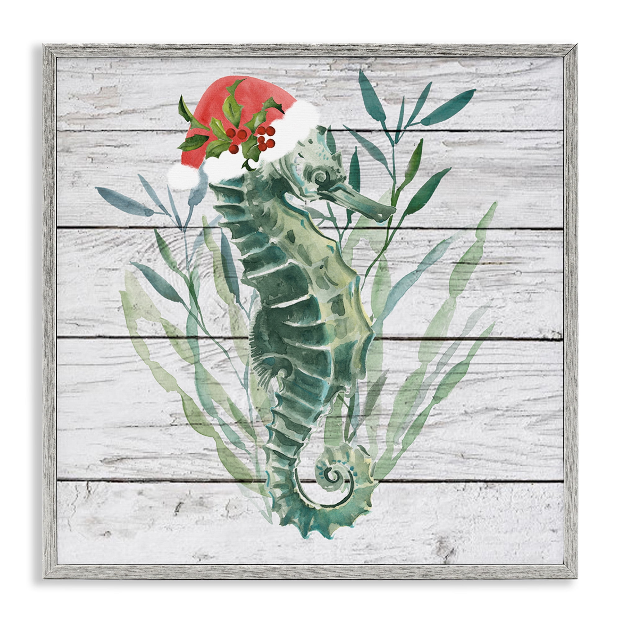 Stupell Industries Christmas Seahorse with Santa Hat Nature Painting Gray Framed Art Print Wall Art, 12 x 12
