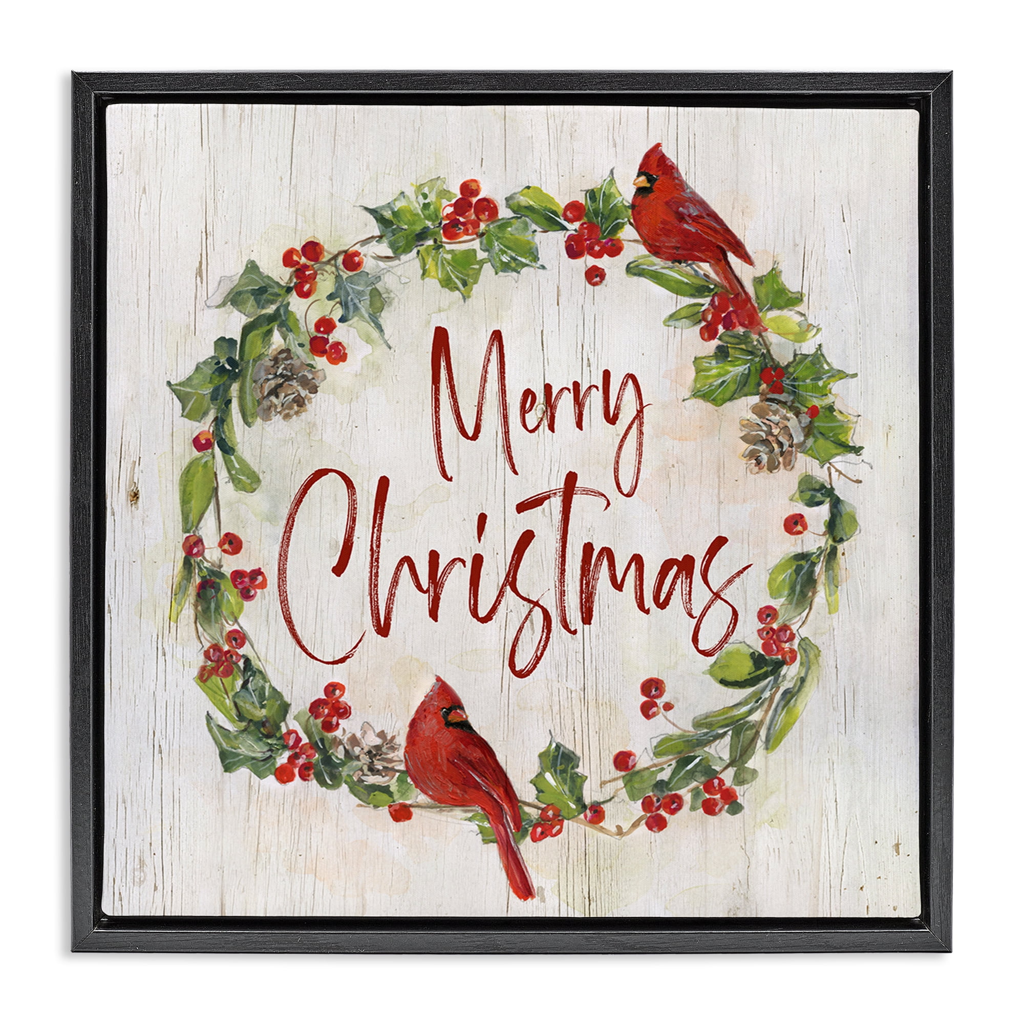 Stupell Industries Christmas Seasonal Wreath Holiday Painting Black Floater Framed Canvas Art Prints Wall Art, 25 x 25