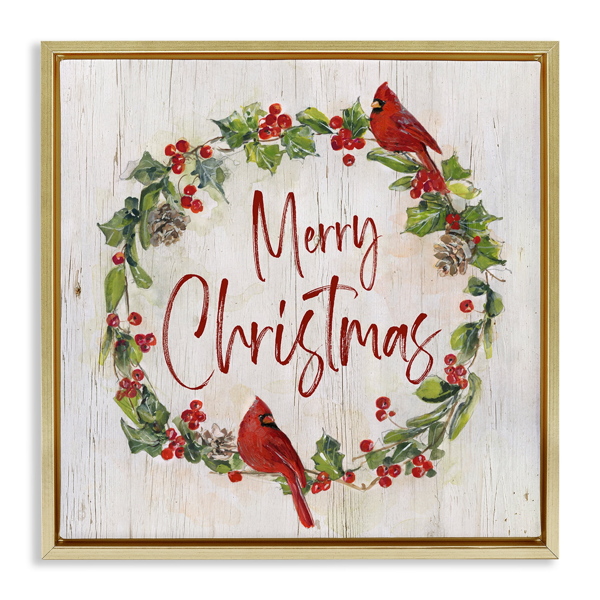 Stupell Industries Christmas Seasonal Wreath Holiday Painting Gold Floater Framed Canvas Art Prints Wall Art, 25 x 25