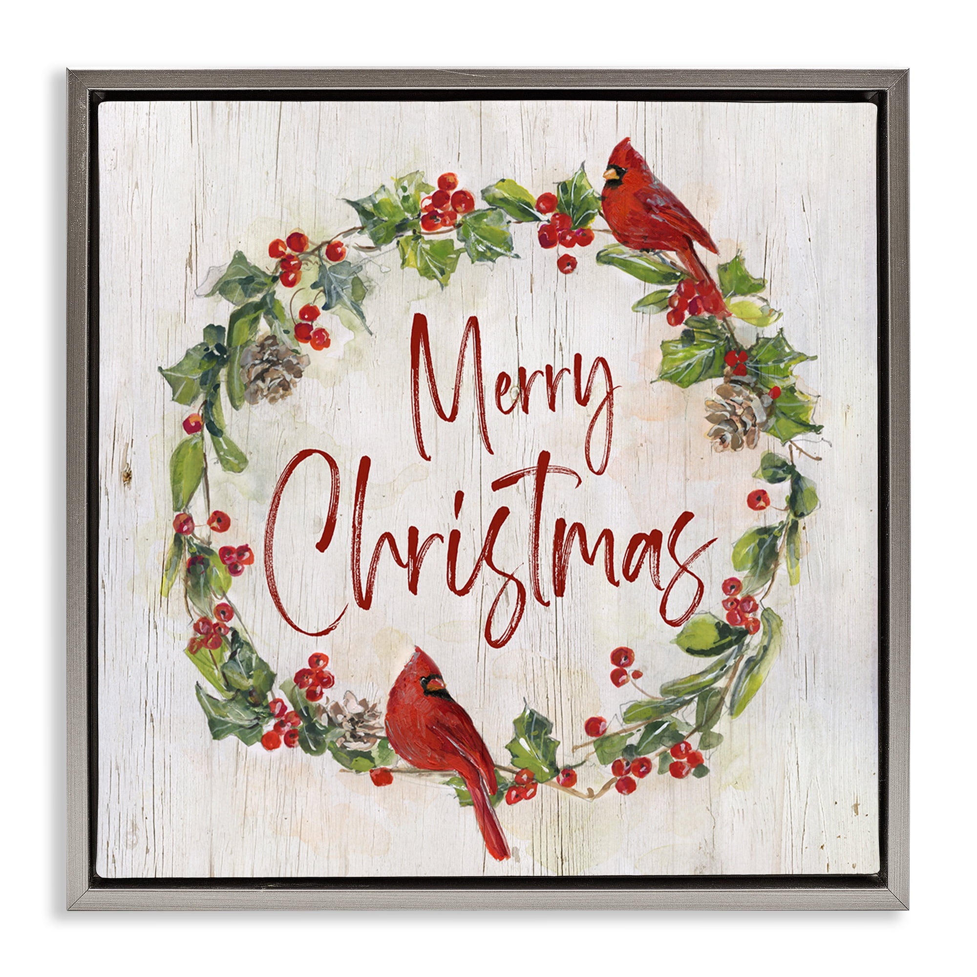 Stupell Industries Christmas Seasonal Wreath Holiday Painting Gray Floater Framed Canvas Art Prints Wall Art, 18 x 18