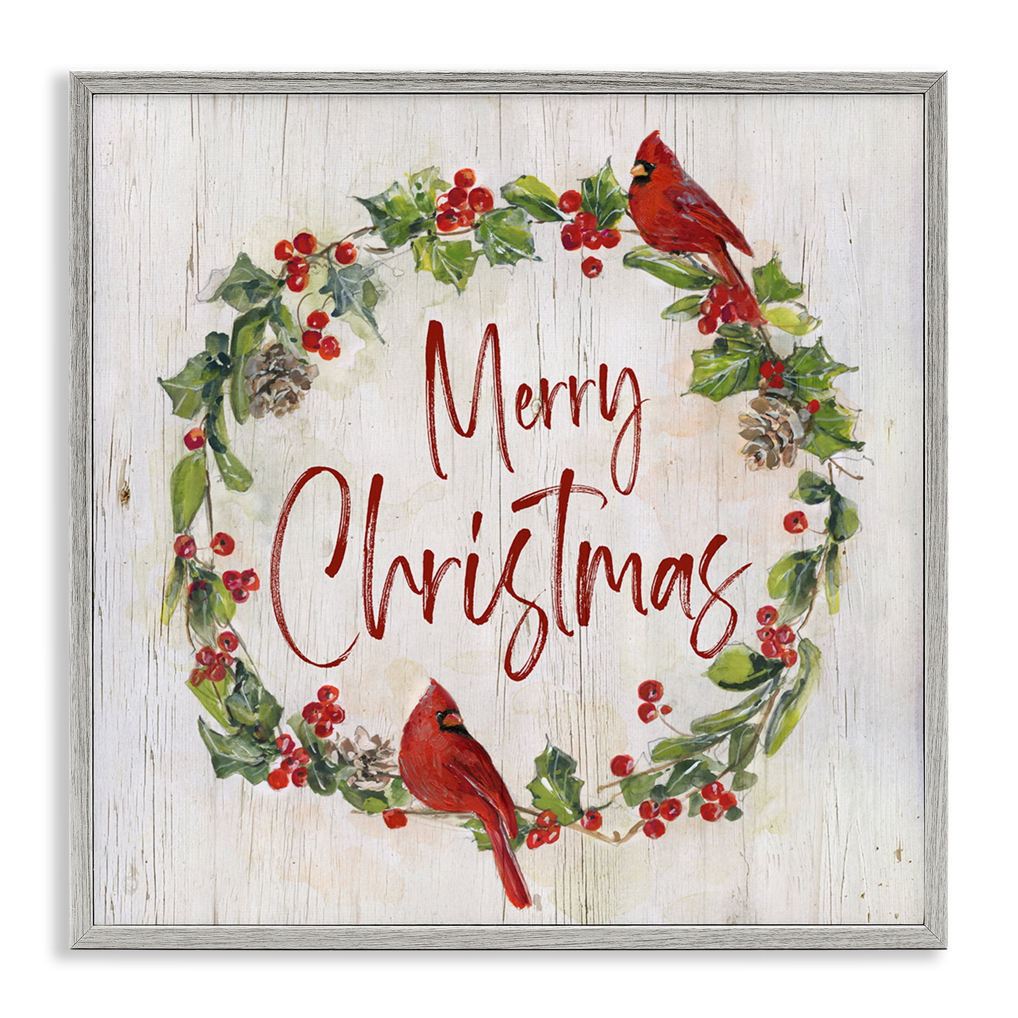 Stupell Industries Christmas Seasonal Wreath Holiday Painting Gray Framed Art Prints Wall Art, 17 x 17
