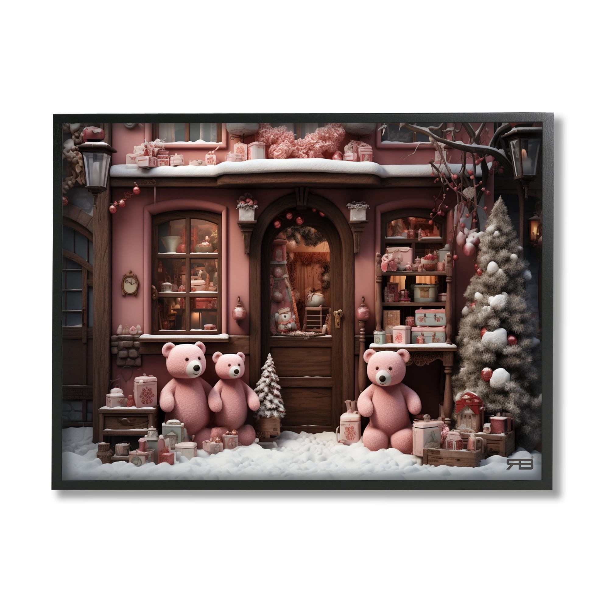 Stupell Industries Christmas Shop with Bears Holiday Painting Black Framed Art Print Wall Art, 20 x 16