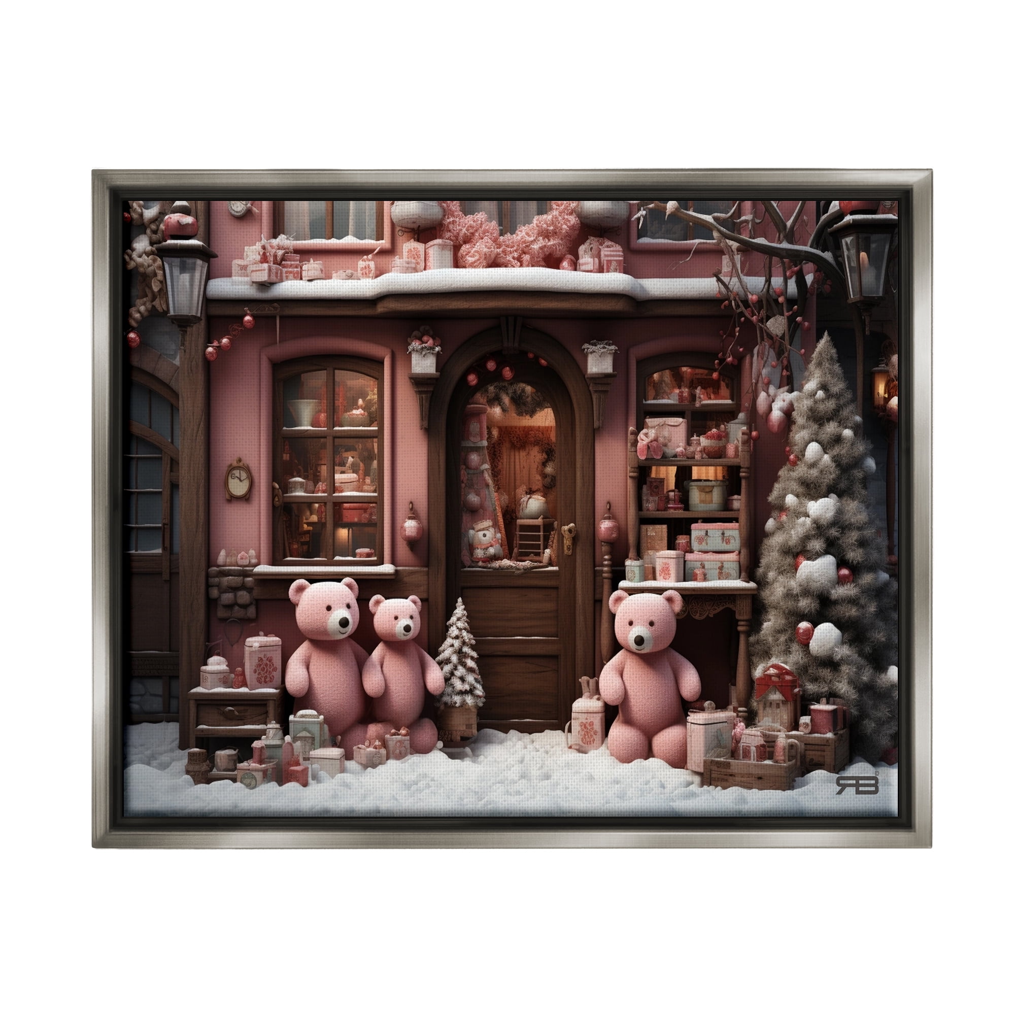 Stupell Industries Christmas Shop with Bears Holiday Painting Gray Floater Framed Canvas Art Print Wall Art, 21 x 17