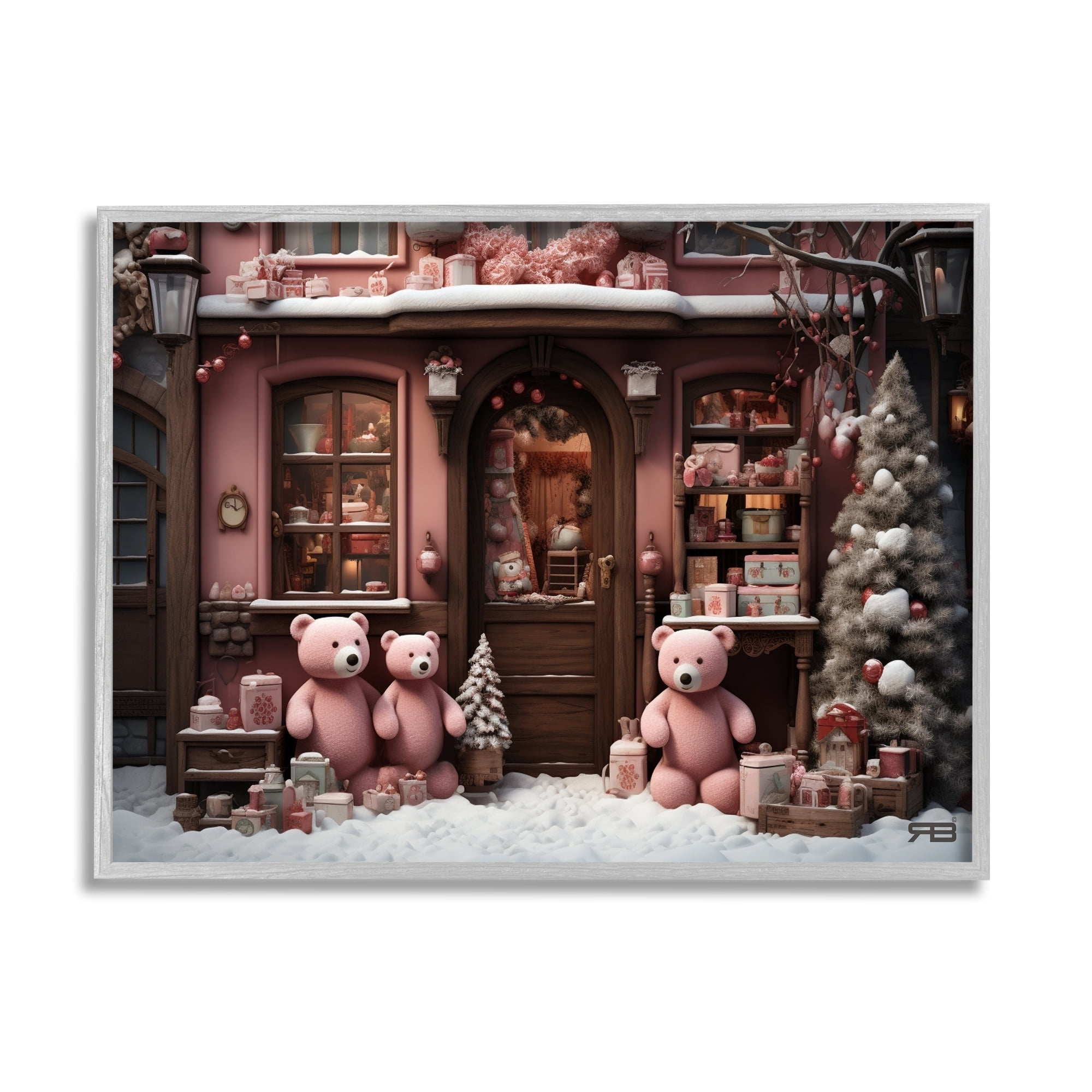 Stupell Industries Christmas Shop with Bears Holiday Painting Gray Framed Art Print Wall Art, 14 x 11